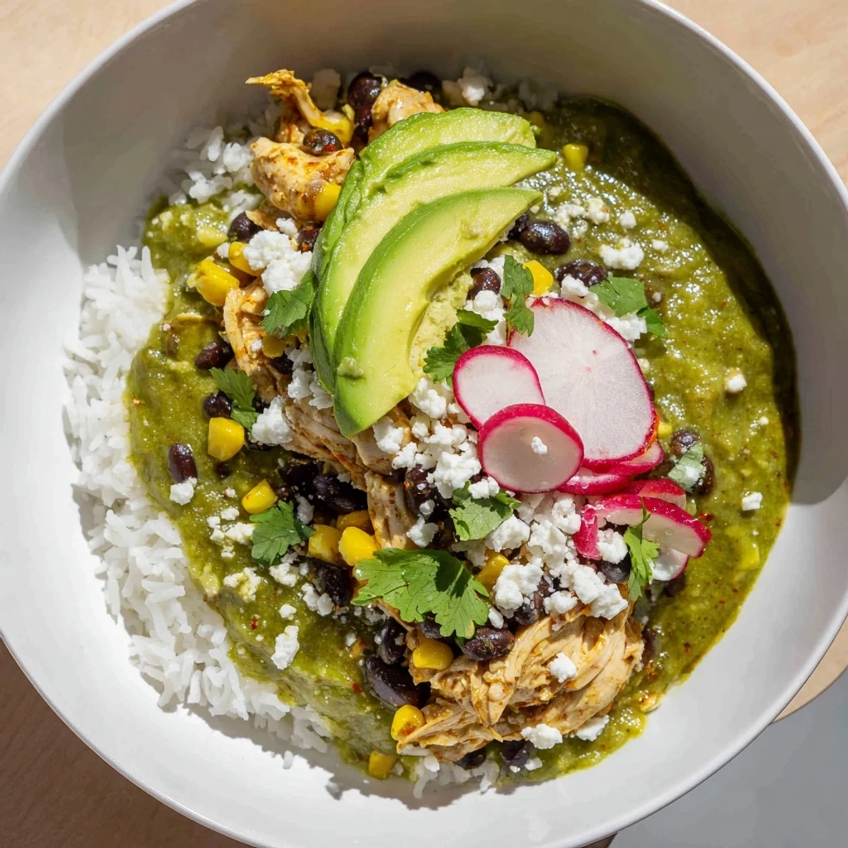 This close-up displays a delicious Green Enchilada Rice Bowl with fluffy rice and fresh, colorful garnishes.
