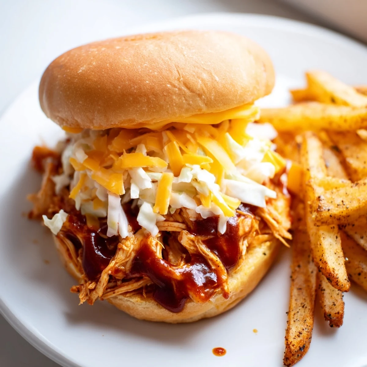 Tender, saucy BBQ chicken sliders with melted cheese, served hot with a side of perfectly seasoned fries.