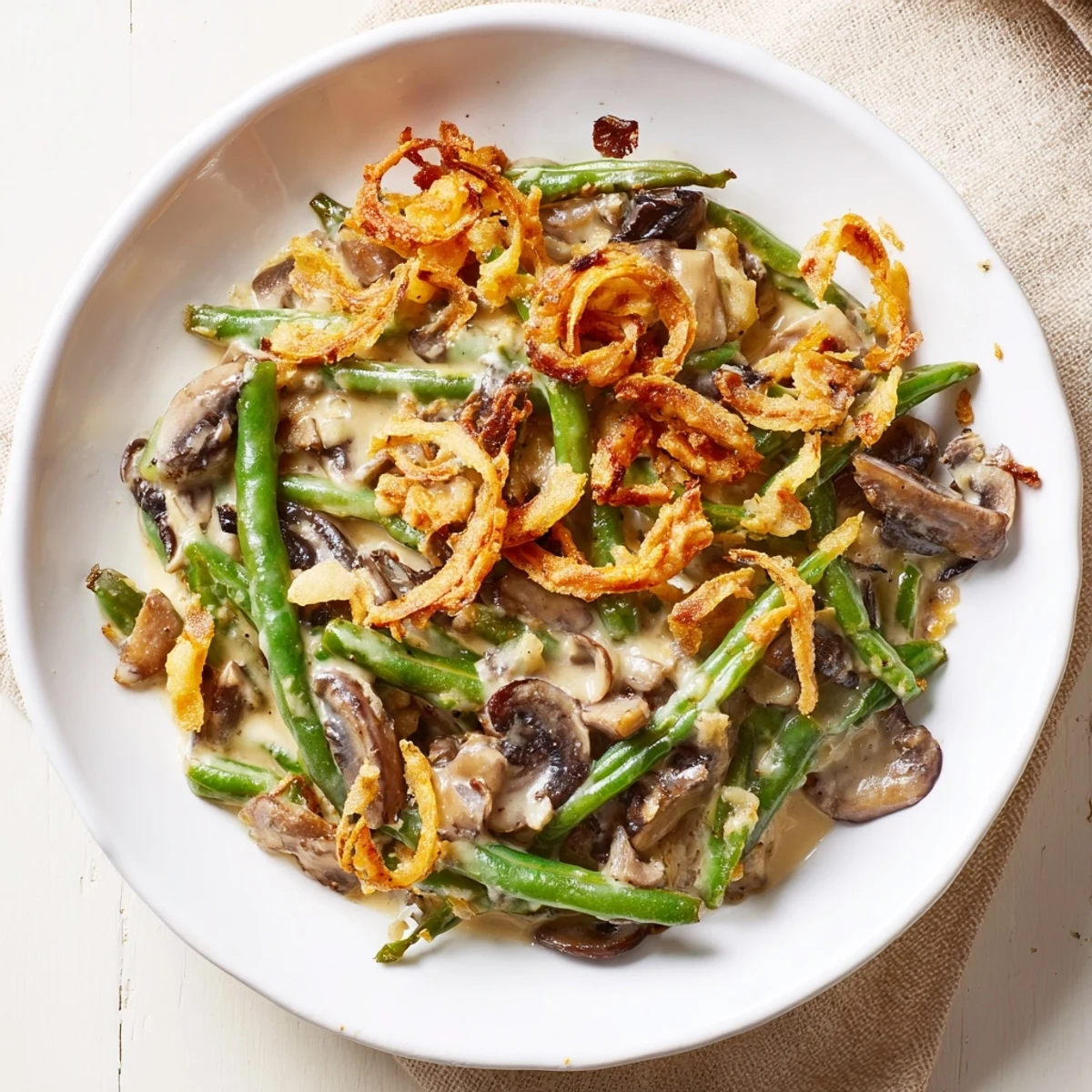 Bubbling Old-School Green Bean Casserole, with visible tender green beans and a crispy onion topping.