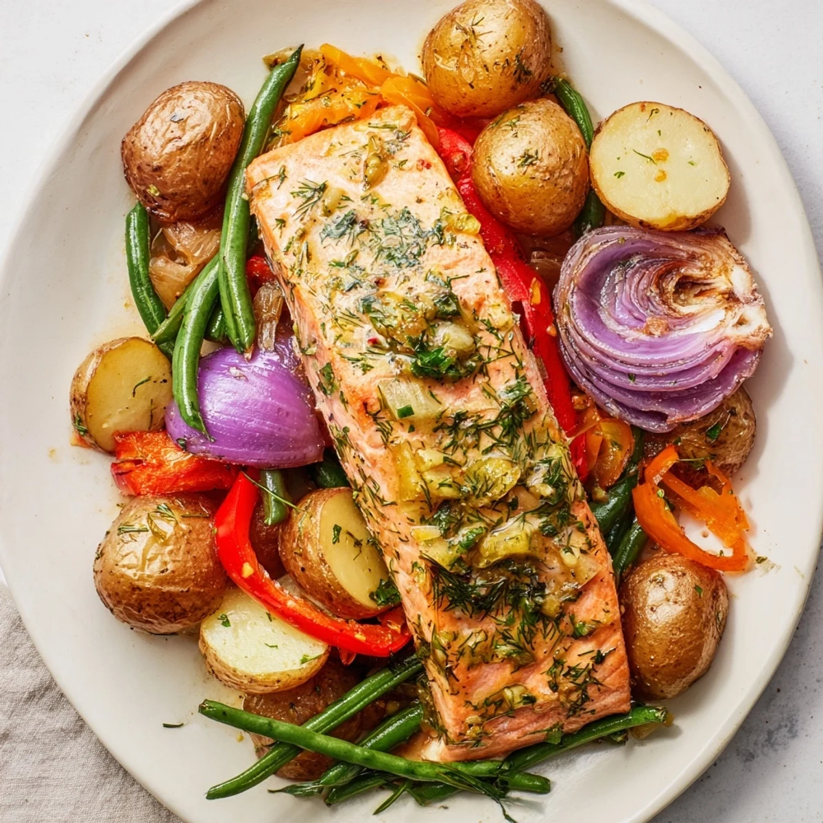 Sheet pan brimming with perfectly cooked Lemon Herb Salmon and vibrant roasted vegetables for a healthy meal.