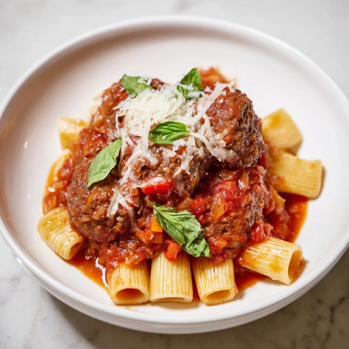 Skillet of bubbling Italian Meatball Pasta, covered in melted cheese and garnished with fresh basil.