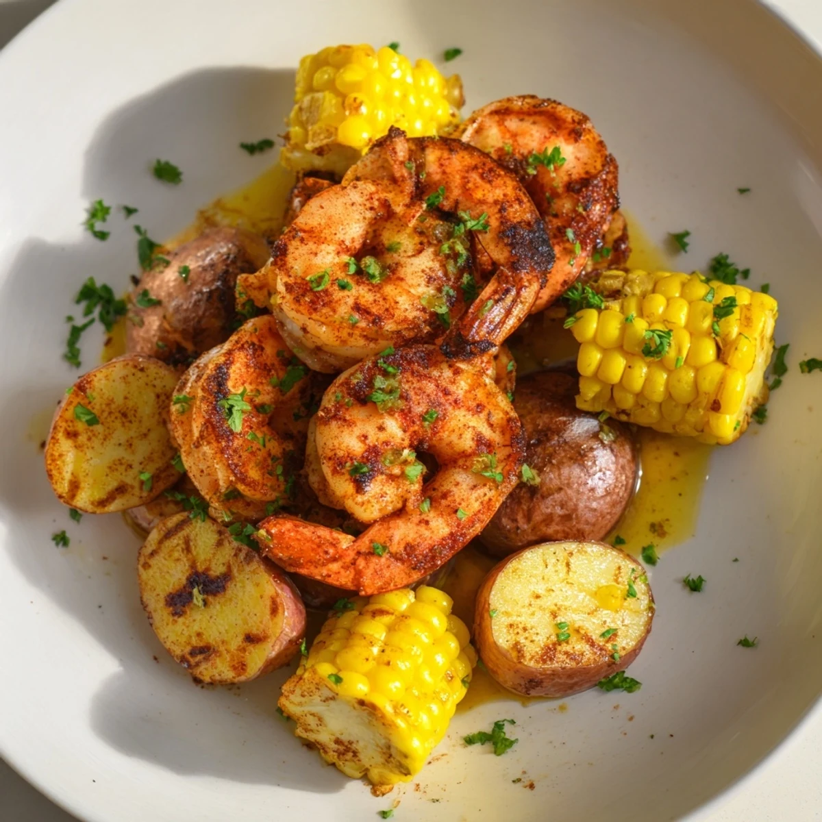 Freshly roasted Cajun Shrimp & Sweet Corn, served with vibrant bell peppers and tender baby potatoes.