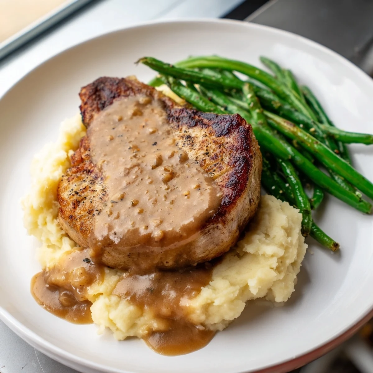 Golden-brown pork chops sit on fluffy cheddar mashed potatoes in the delicious bowl image.