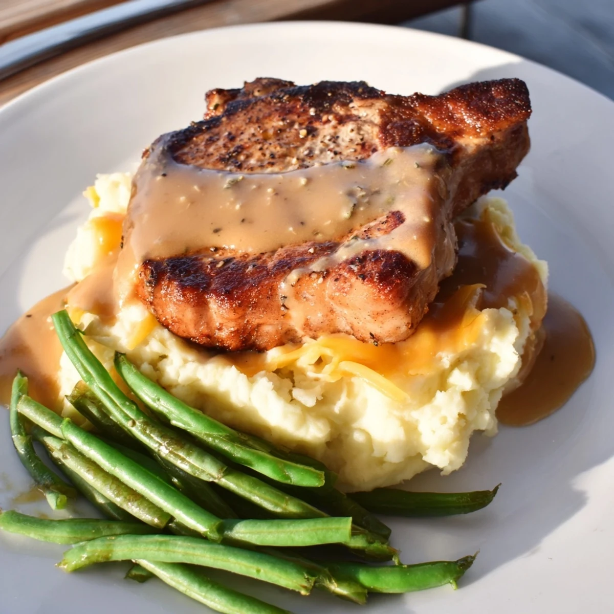 A forkful reveals tender pork chops and creamy cheddar mash in this comforting Pork Chops & Cheddar Mash Bowl.