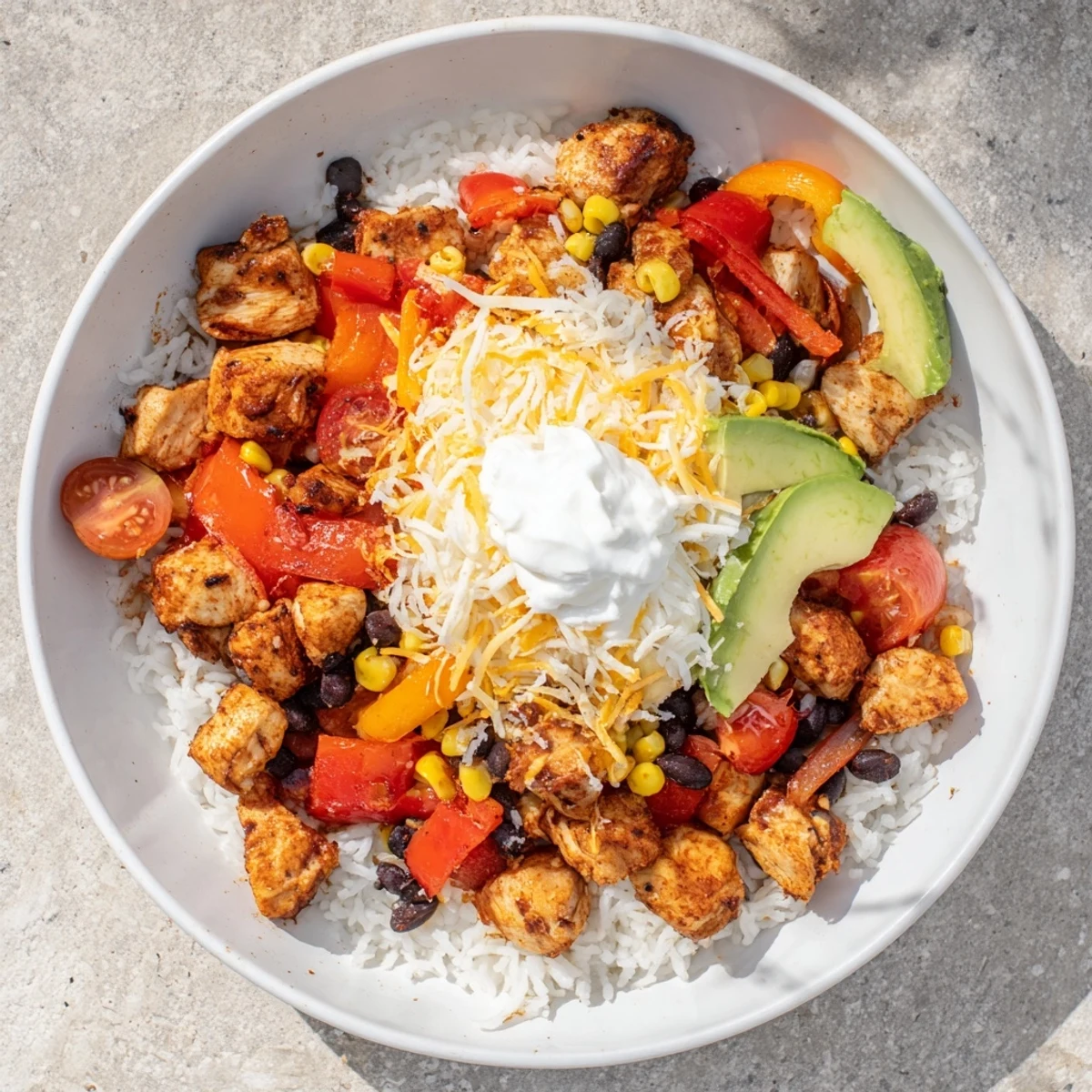 A close-up shot of Sheet Pan Chicken Burrito Bowls, piled high with fresh toppings and flavorful chicken.