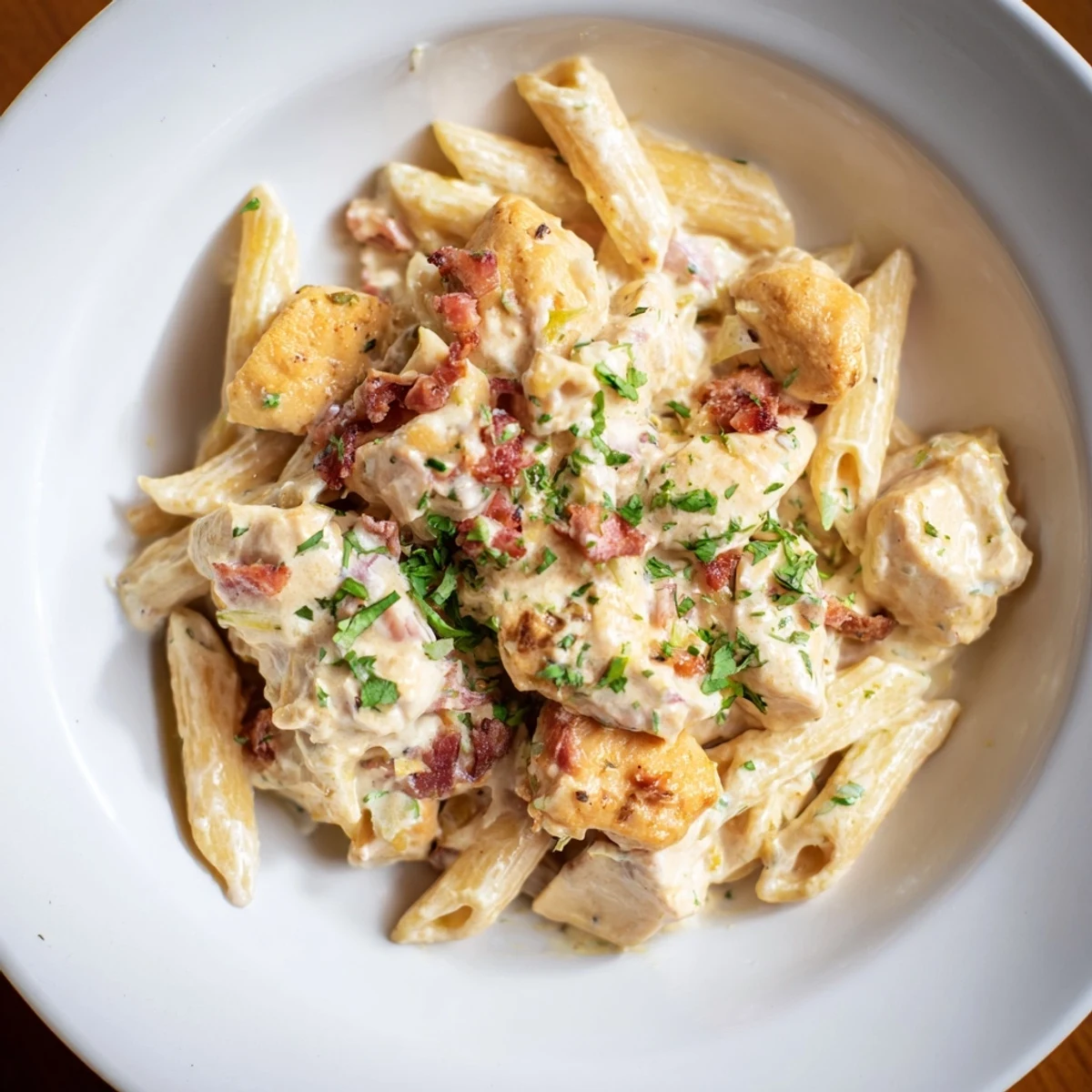 A beautiful bowl of Ranch Chicken & Bacon Penne, ready to be enjoyed as a comforting dinner.