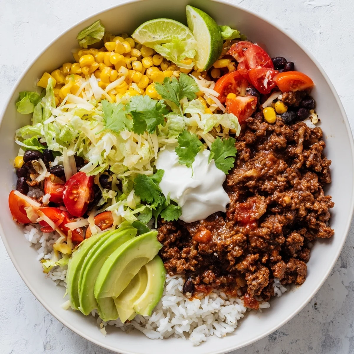 A colorful Loaded Beef Burrito Bowl, filled with seasoned beef and fresh, vibrant toppings.