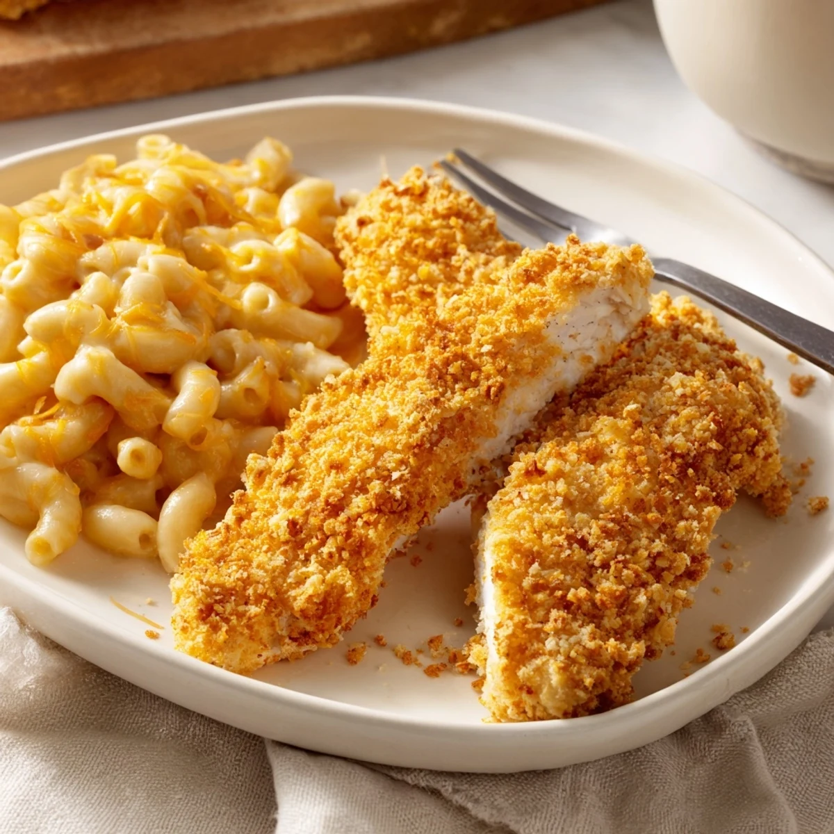 Golden, crispy chicken tenders resting alongside creamy macaroni and cheese, perfect for a satisfying meal.