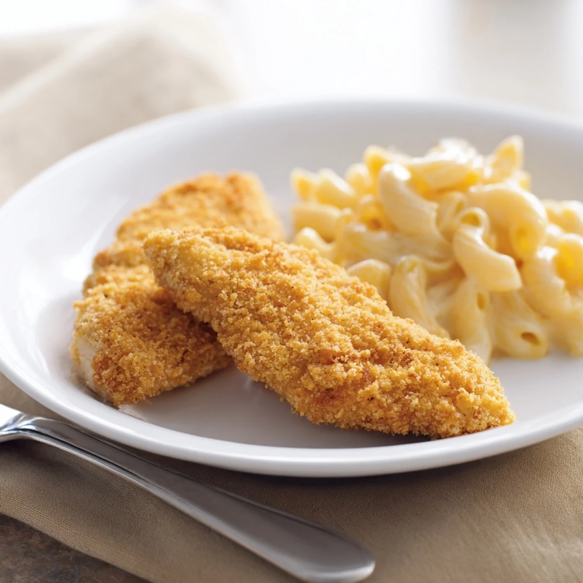 Homemade crispy chicken tenders and macaroni with melted cheese, a classic American comfort food combo.