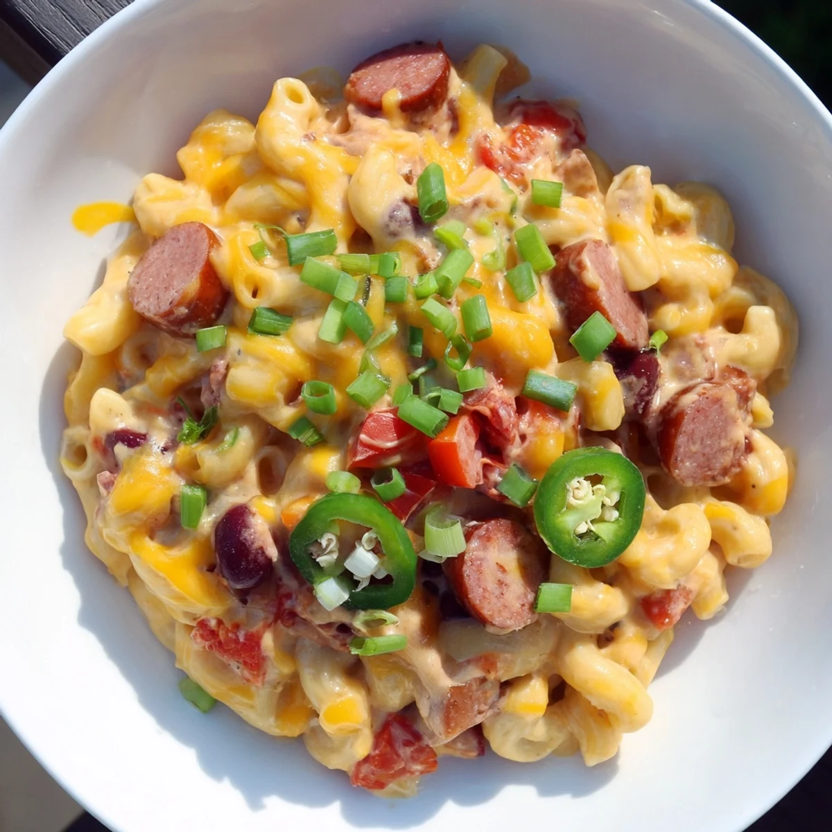 A steaming bowl of Chili Cheese Dog Mac & Cheese, with melted cheese and savory chili visible.