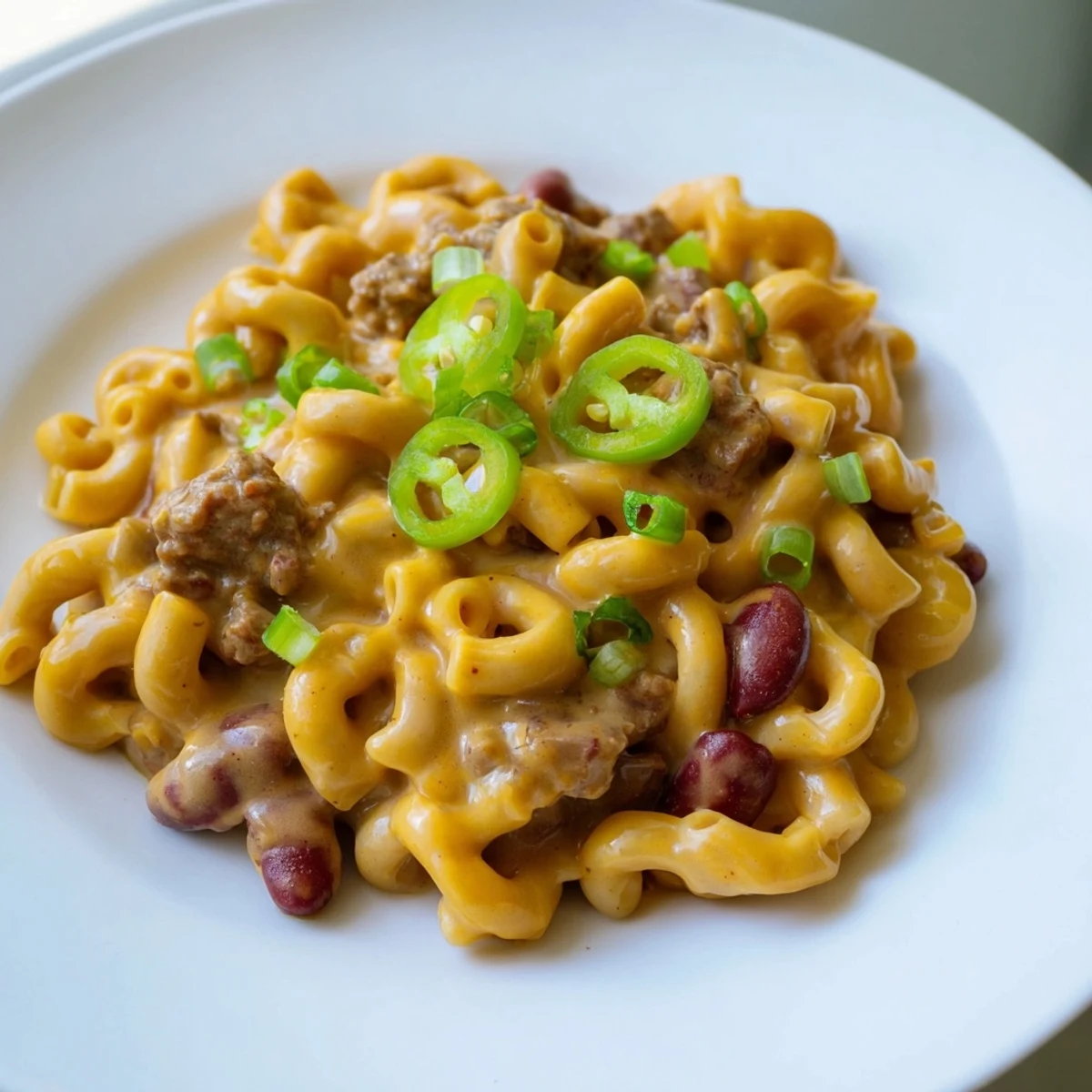 Close-up shot shows the delicious layers of ingredients in this Chili Cheese Dog Mac & Cheese recipe.