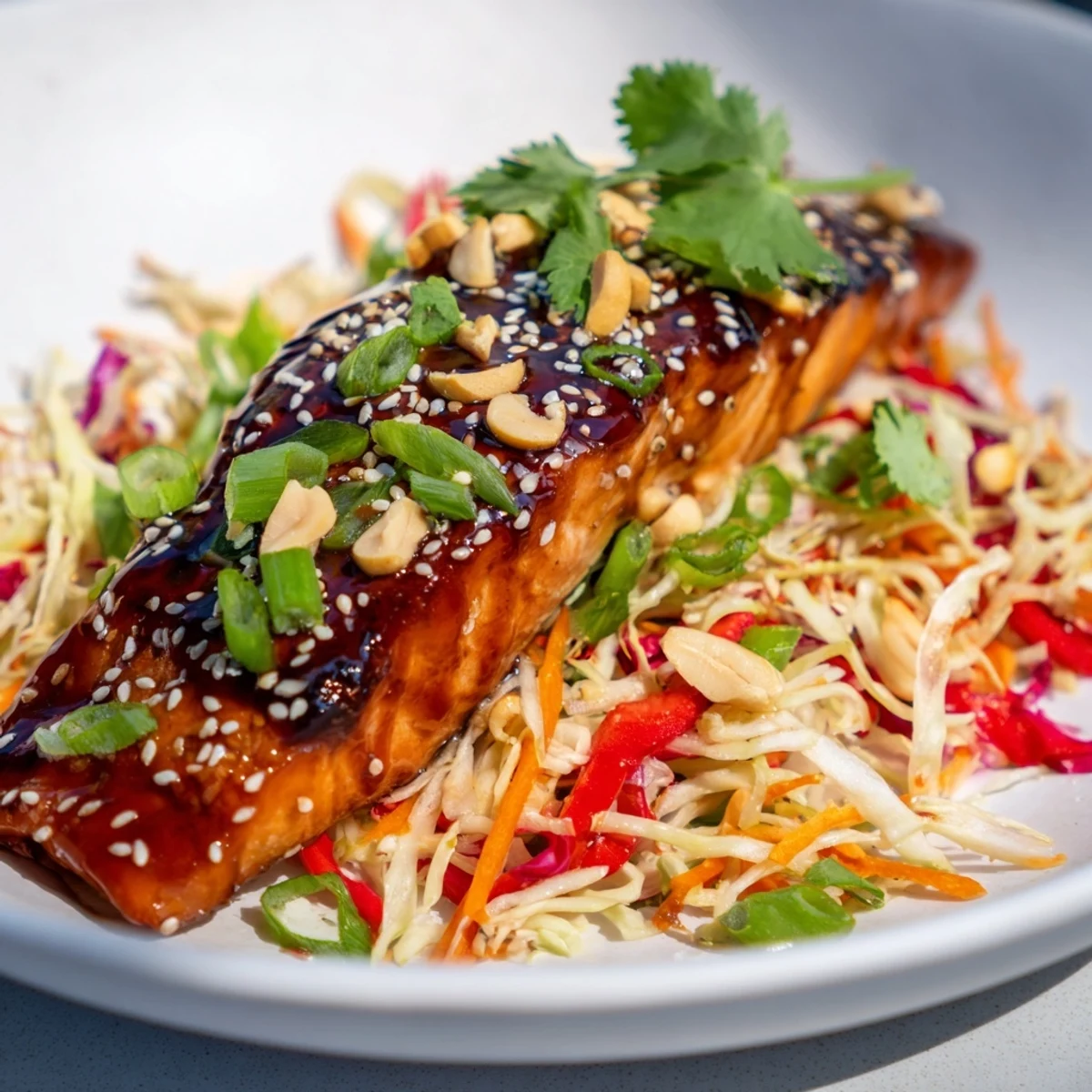 Golden-glazed teriyaki salmon on an Asian slaw bowl, a colorful and delicious meal.