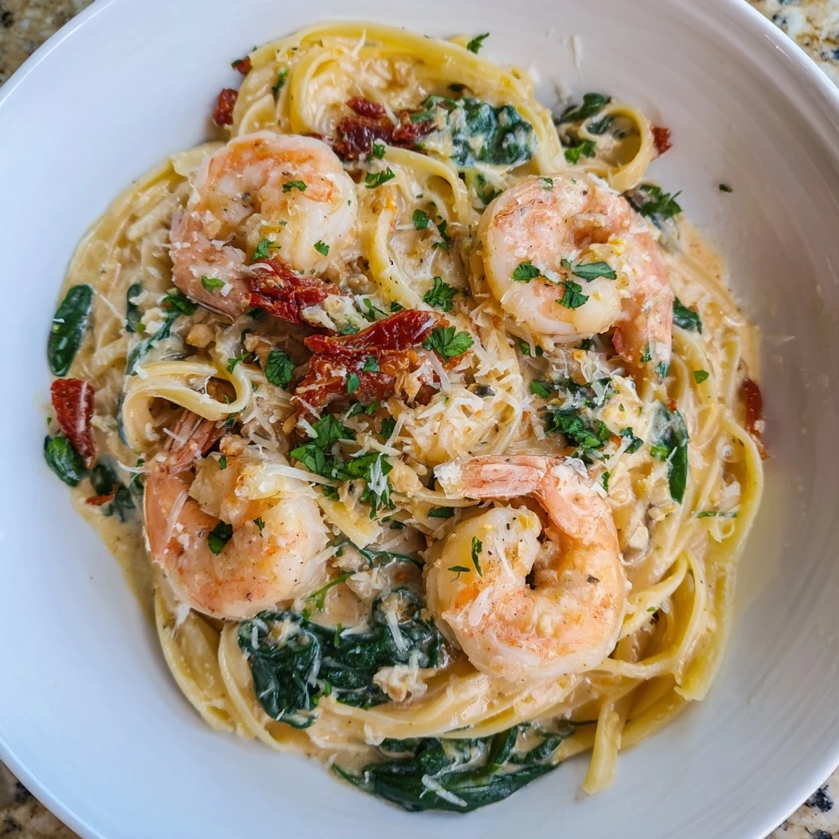 Tuscan Garlic Shrimp Pasta, a creamy, golden pasta dish with glistening shrimp and fresh parsley.