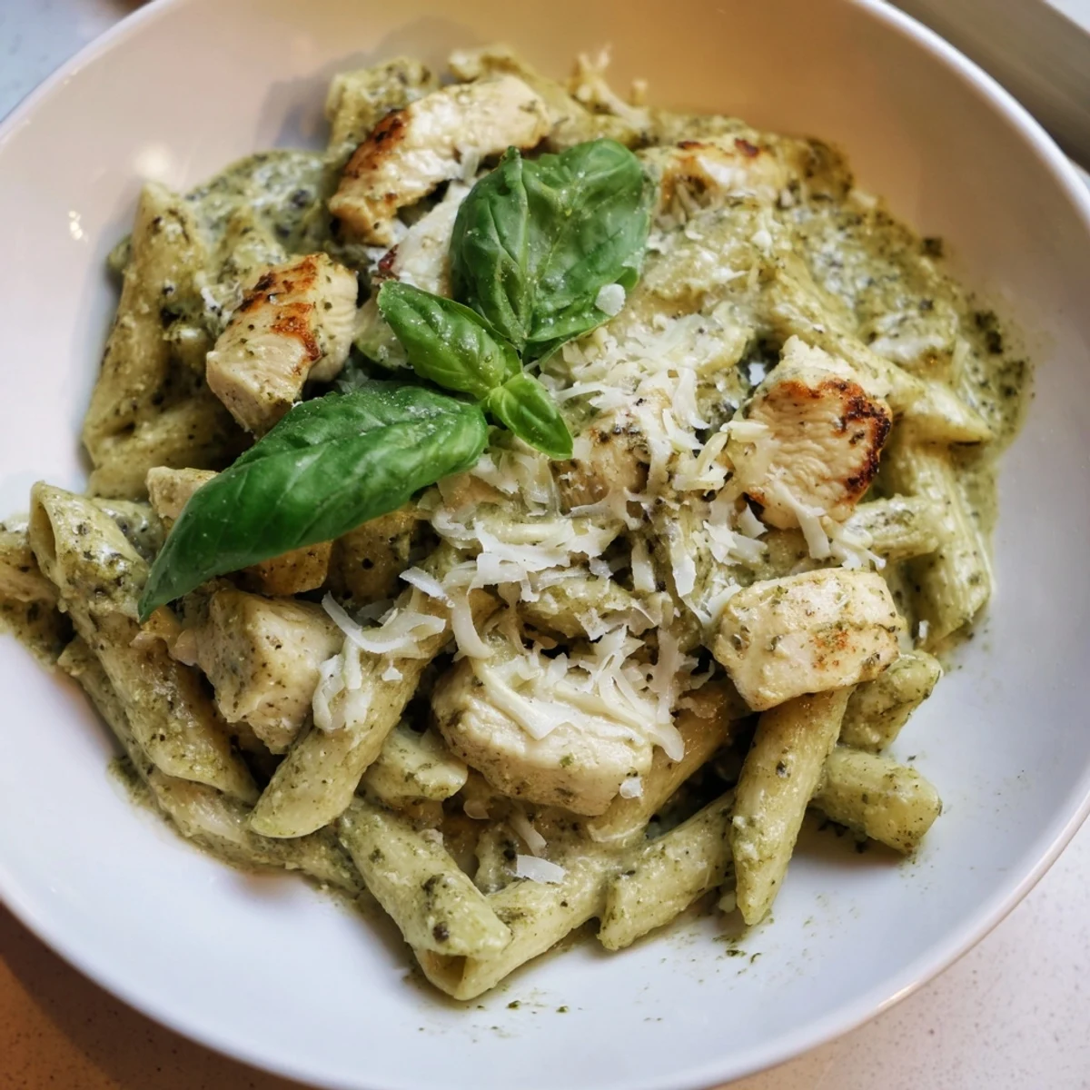 Creamy pesto penne & chicken, a vibrant Italian dish, featuring tender chicken and rich sauce.