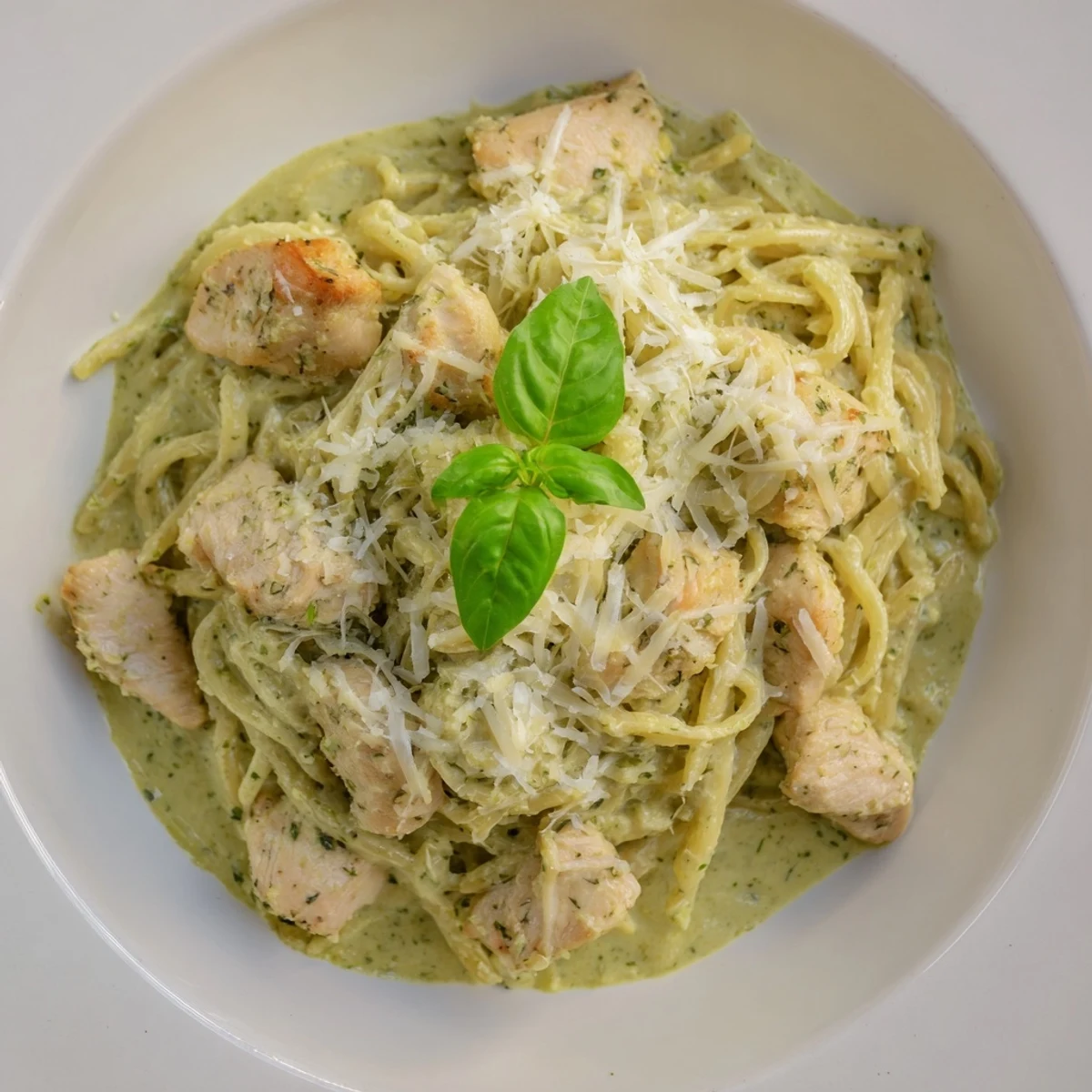 This photo shows a comforting bowl of creamy pesto penne & chicken, ready to be enjoyed.