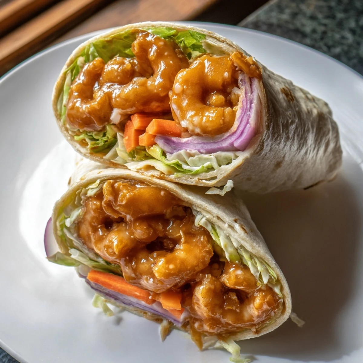 Spicy, saucy Buffalo Shrimp Wraps filled with colorful veggies and creamy ranch dressing for lunch.