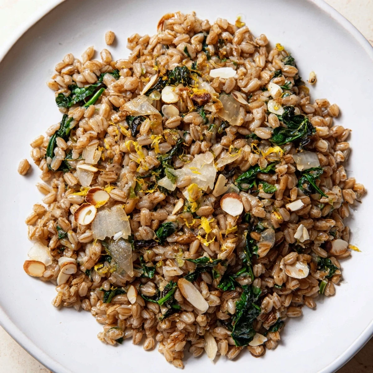 Flavorful Mediterranean-inspired warm farro and greens pilaf, rich with spinach and toasted almond crunch.
