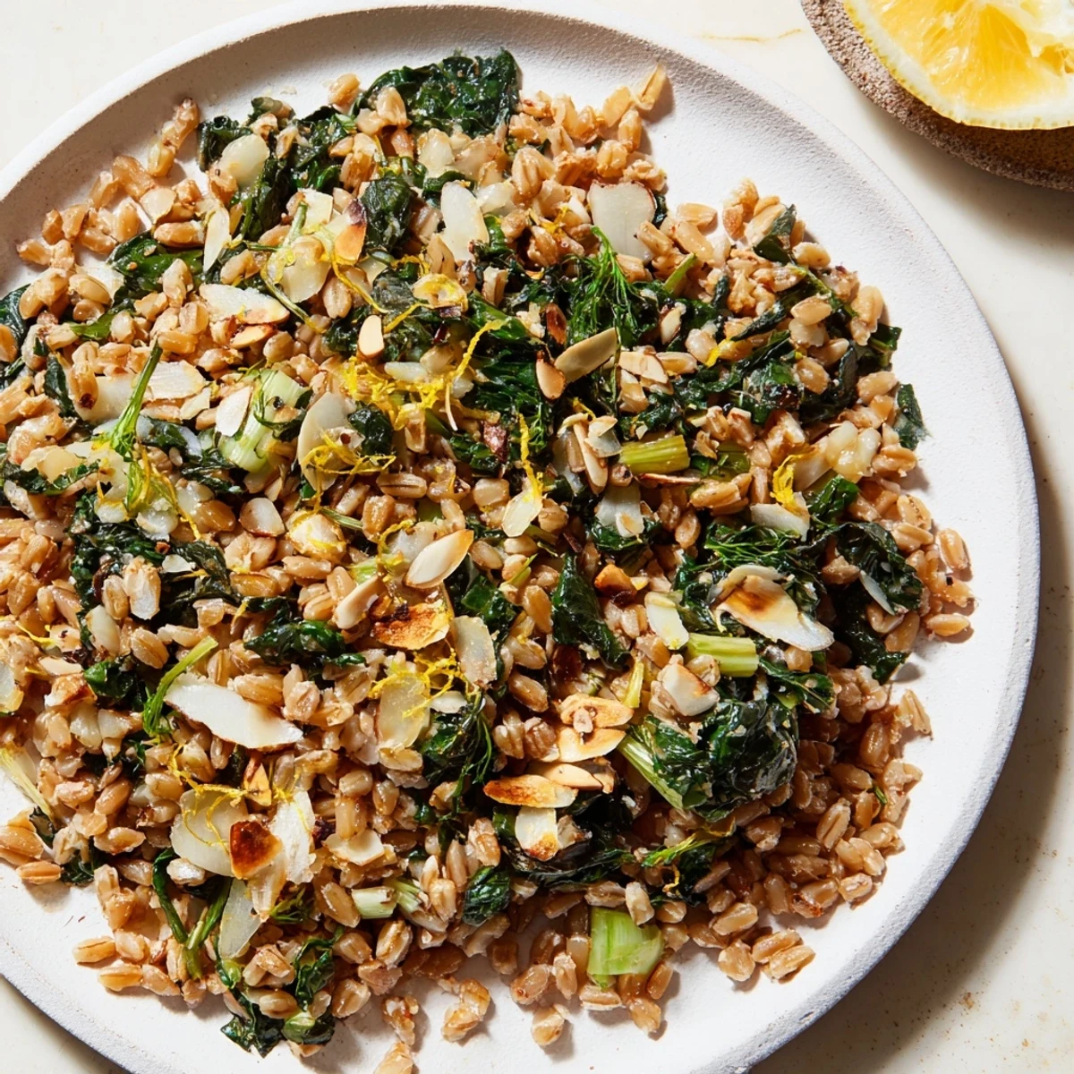 Steaming bowl of warm farro and greens pilaf, topped with toasted, golden almonds; a healthy meal.