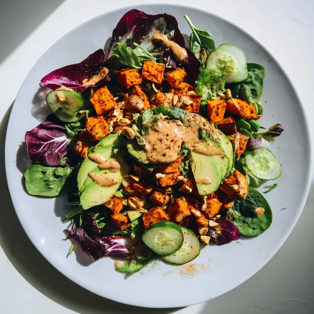 Roasted sweet potatoes shine in this Spiced Peanut Sweet Potato & Radicchio Salad Bowl, a flavorful vegetarian meal.