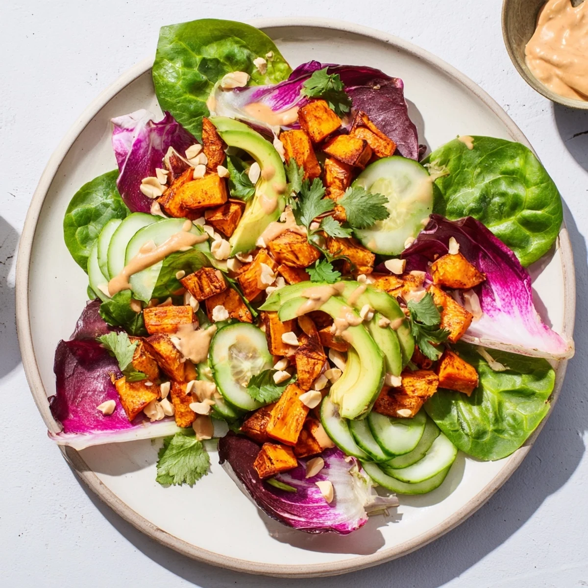 A refreshing Spiced Peanut Sweet Potato & Radicchio Salad Bowl, featuring colorful vegetables, drizzled in a zesty peanut dressing.