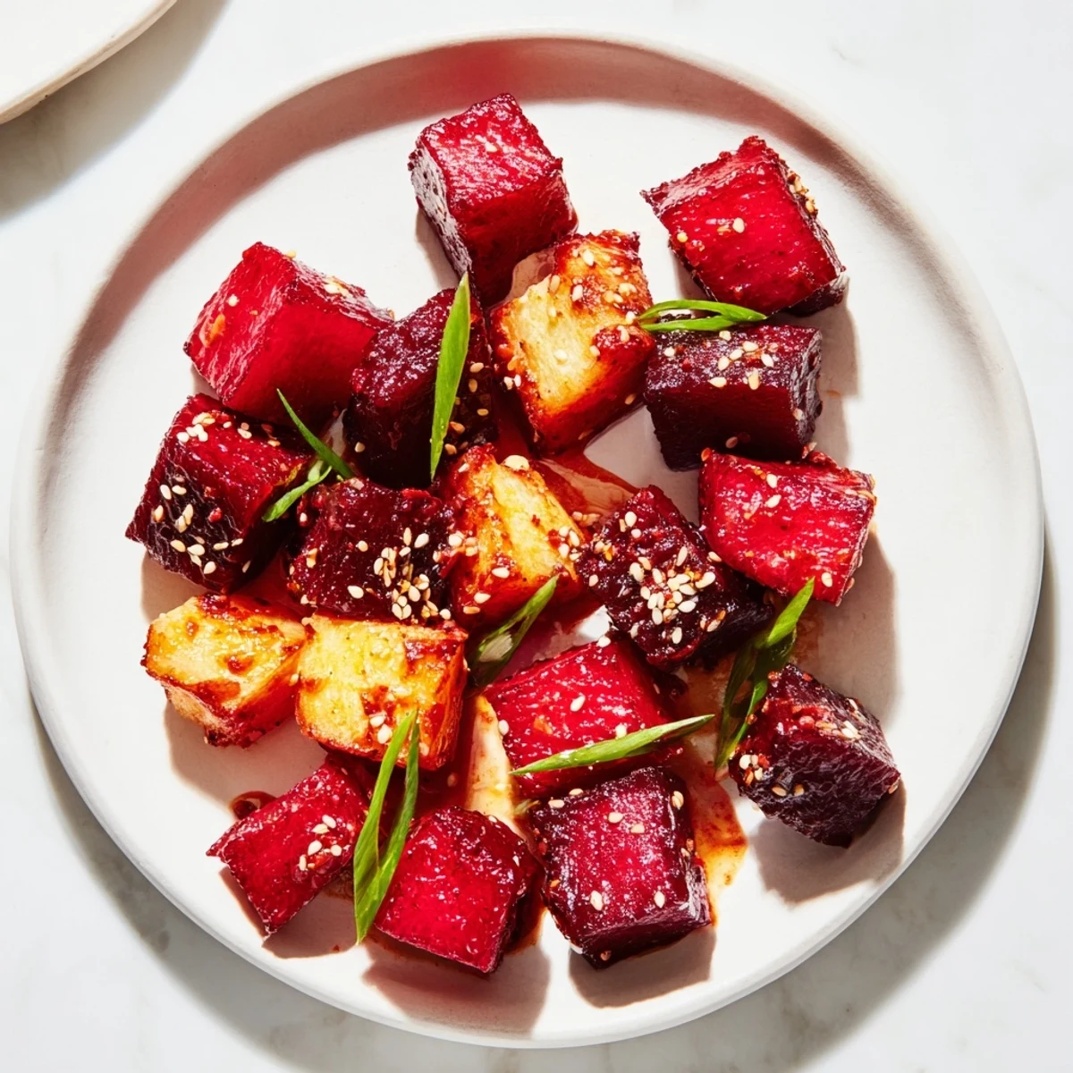 Miso Roasted Winter Vegetables: Colorful, caramelized root vegetables glistening with a savory miso glaze, ready to serve.