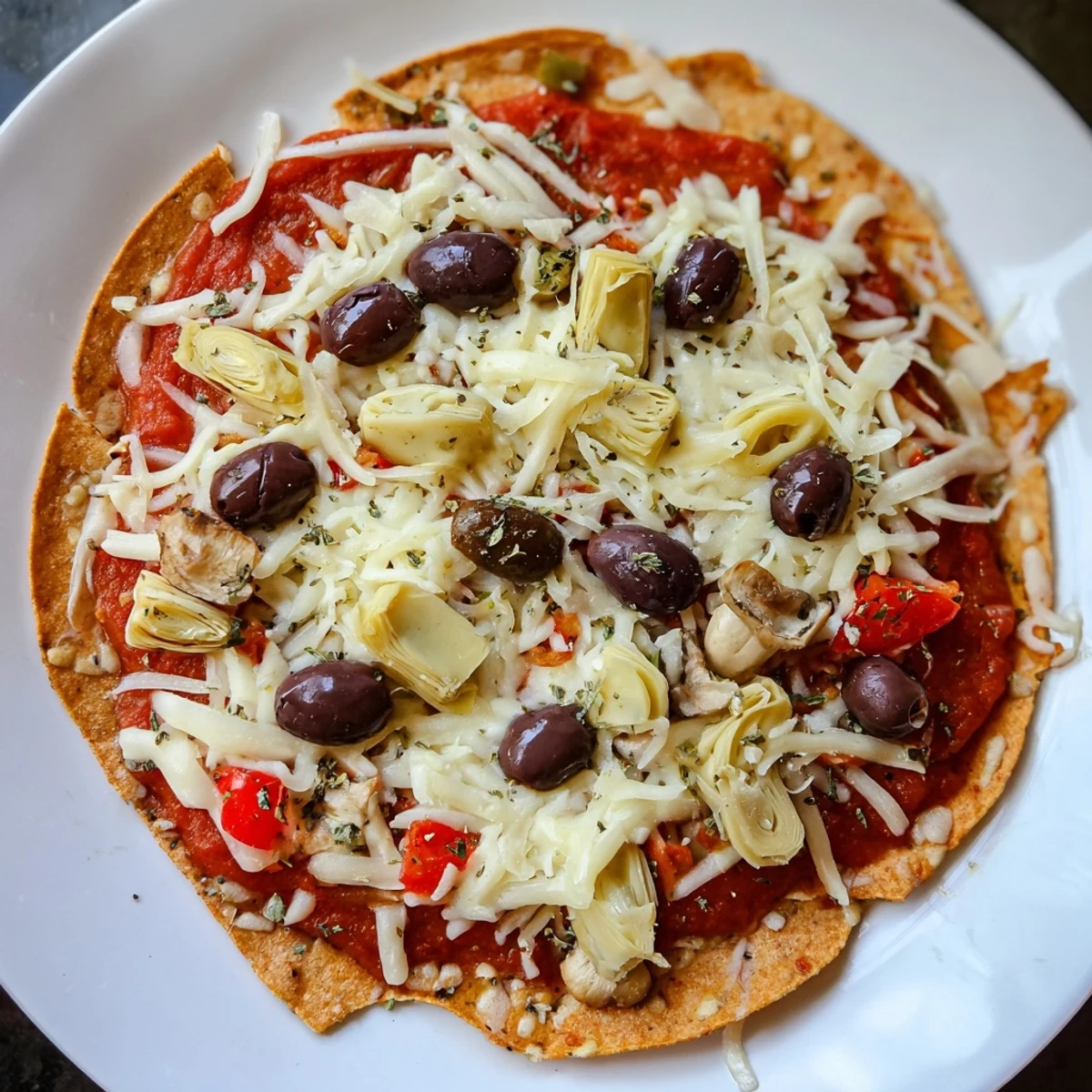 A close-up of a golden-brown tortilla pizza with colorful pantry toppings, baked to perfection.