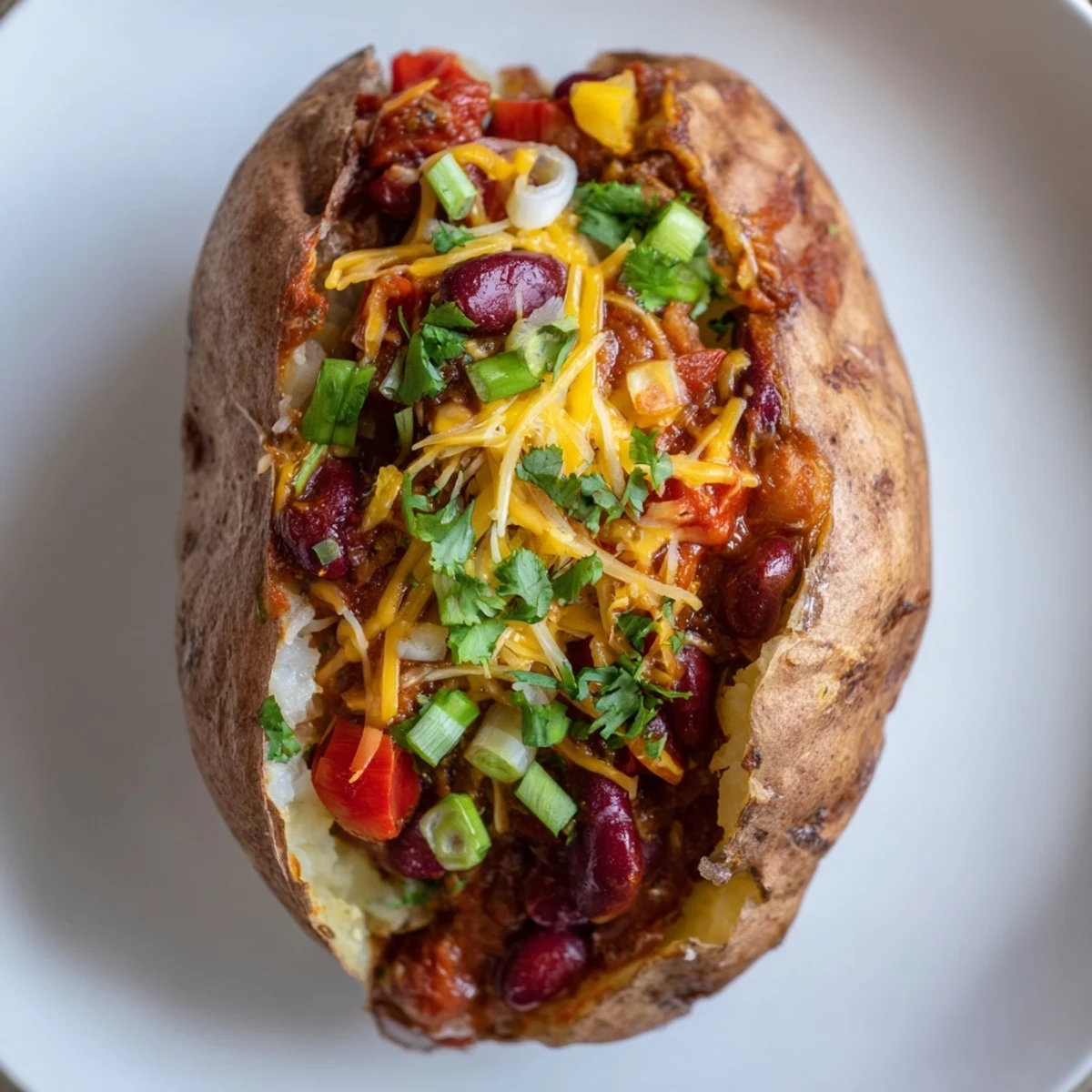 Steaming, savory Chili-Style Baked Potatoes with a vibrant, bean-loaded chili—a comforting classic.
