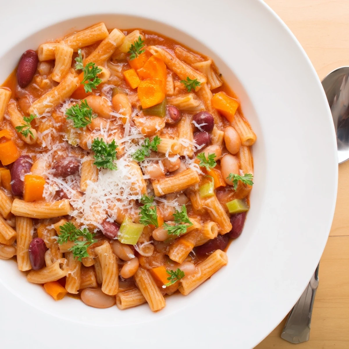 Steaming bowl of Pasta e Fagioli soup, garnished with fresh parsley and Parmesan cheese, ready to enjoy.