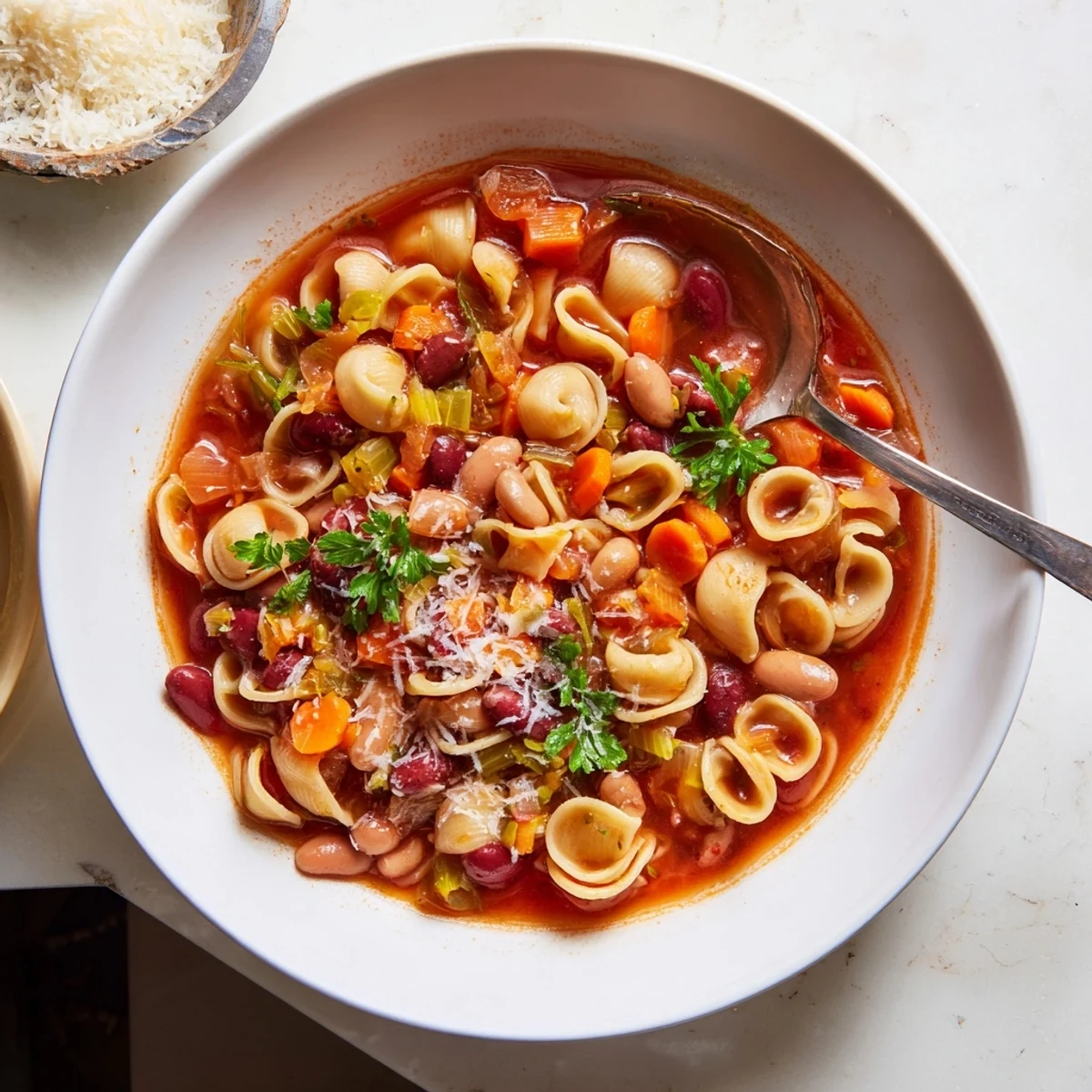 A hearty and flavorful Pasta e Fagioli soup, with visible vegetables and beans simmering in a tomato-based broth.