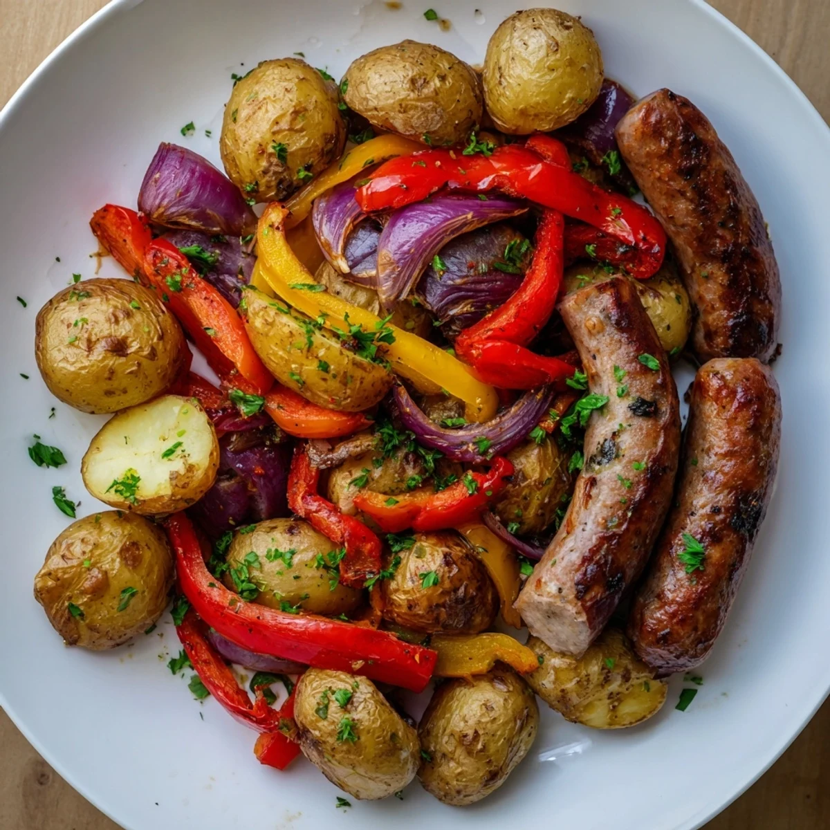 Vibrant image of Sheet-Pan Sausage with Peppers, onions, and potatoes, a one-pan American classic.