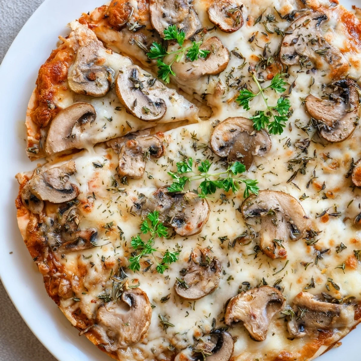 Golden-brown frozen pizza upgrade with melting cheese, mushrooms, and herbs, ready to serve.