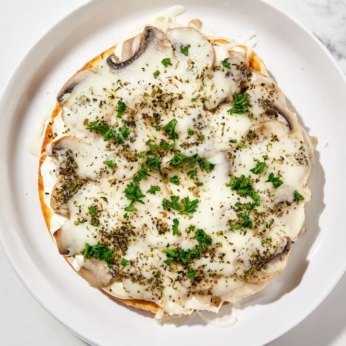 Bubbling mozzarella blankets the easy frozen pizza upgrade, featuring herbs and savory mushrooms.