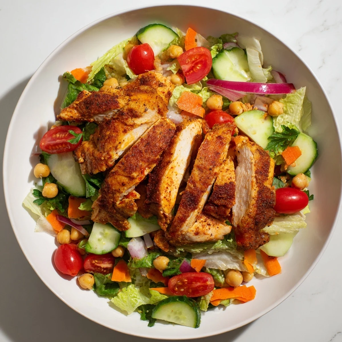 Chicken Salad photo shows a colorful, fresh salad with shredded chicken and crunchy vegetables.