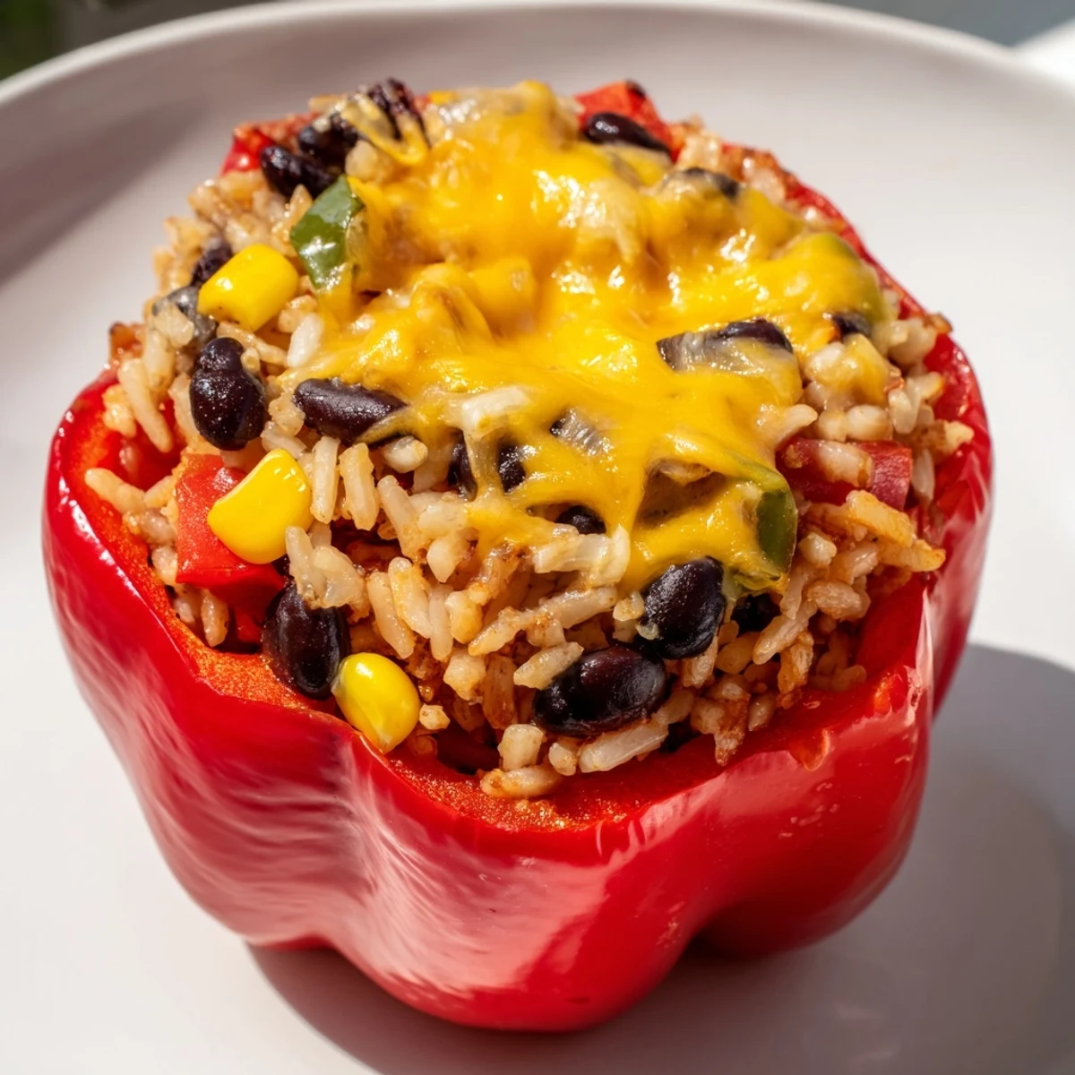 A close-up shot of the colorful stuffed bell peppers, steaming hot from the oven with melted cheese.