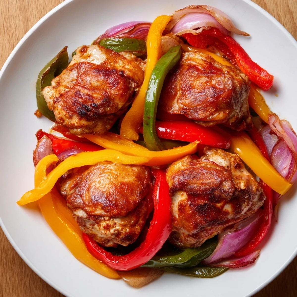 Golden-brown Sheet-Pan Chicken Fajitas with colorful bell peppers, ideal for quick weeknight dinners.