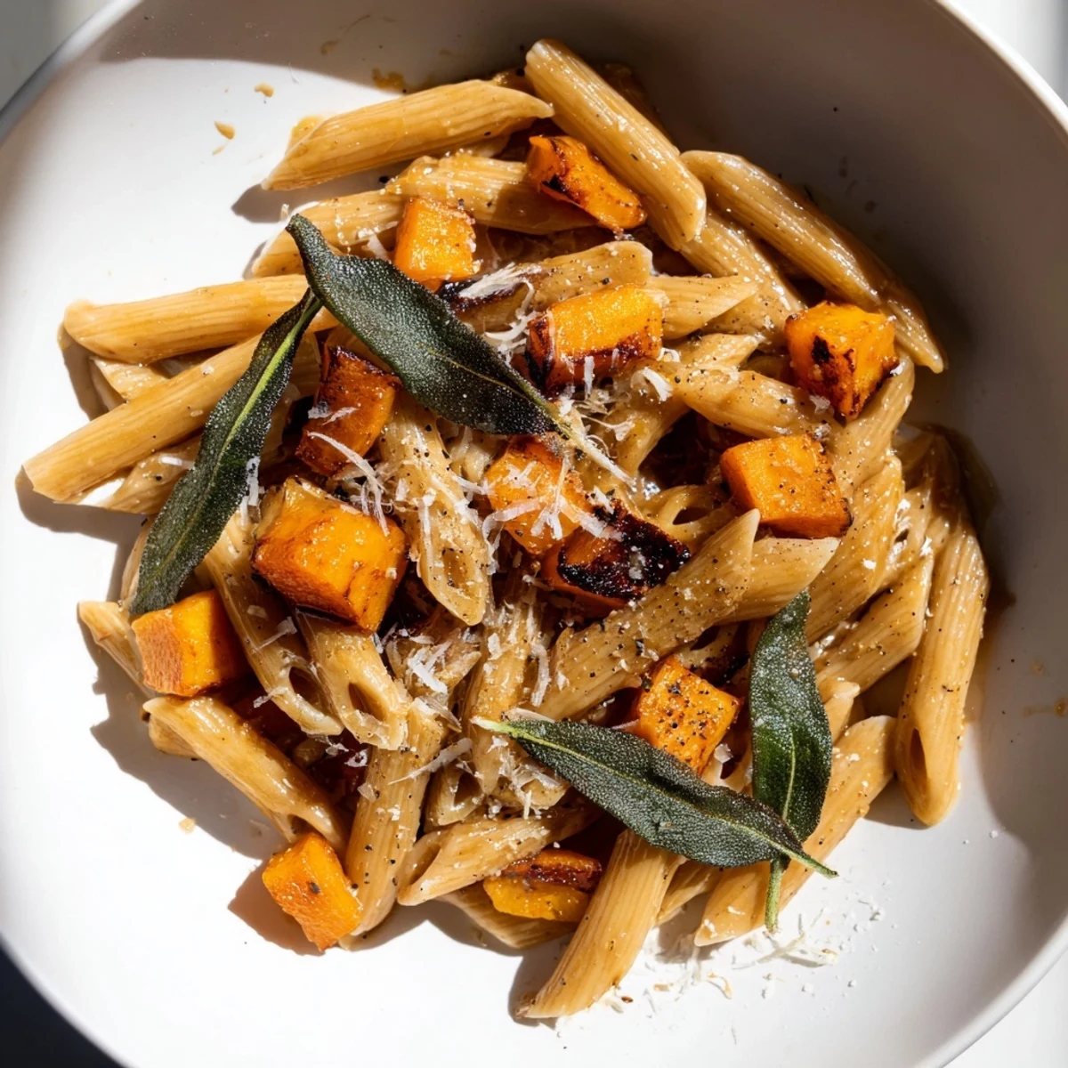 Golden-brown Brown Butter Pasta with Butternut Squash and Sage, ready for serving with Parmesan.