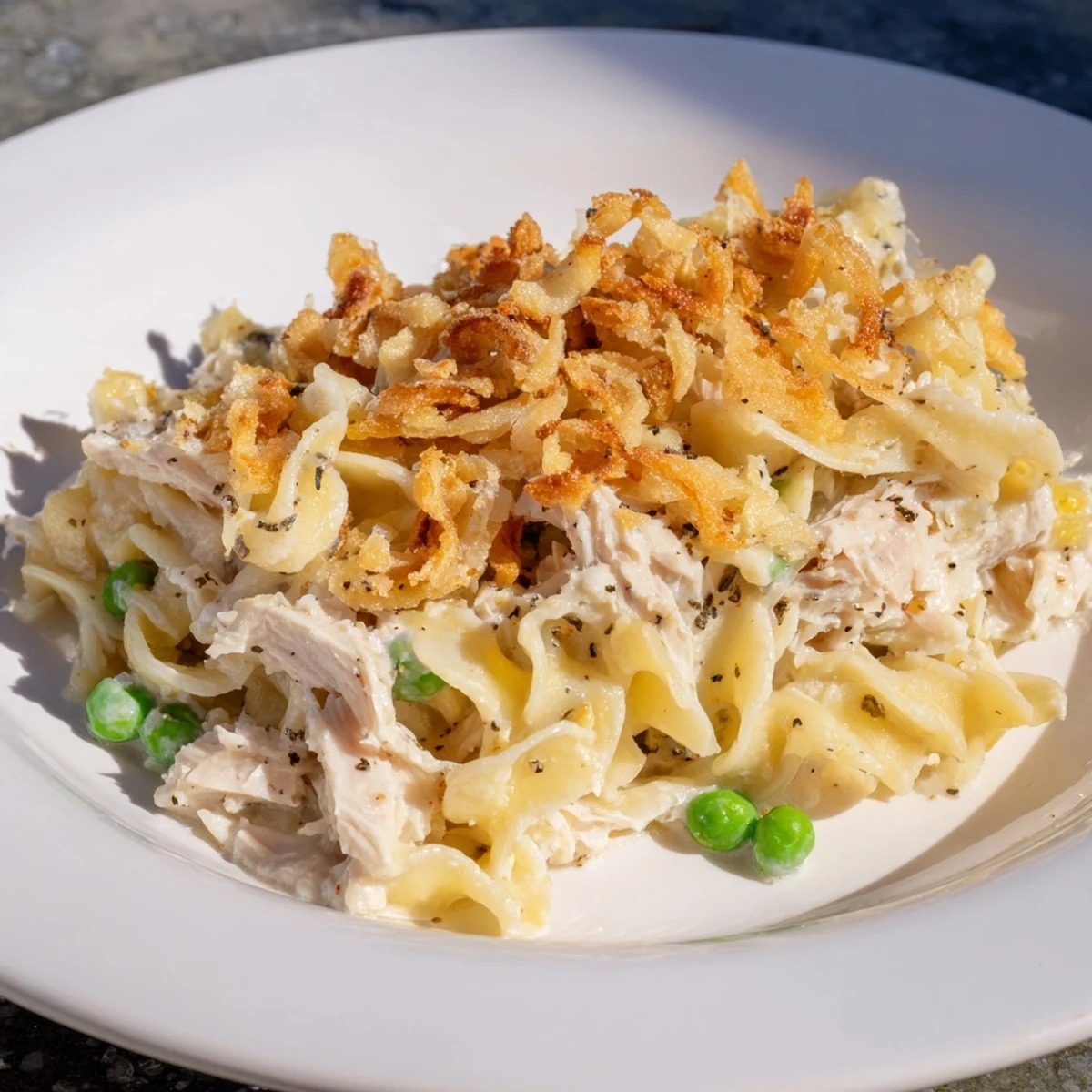 Tuna Noodle Casserole with a golden crust, bubbly inside, perfect comfort food, a warm family dinner.