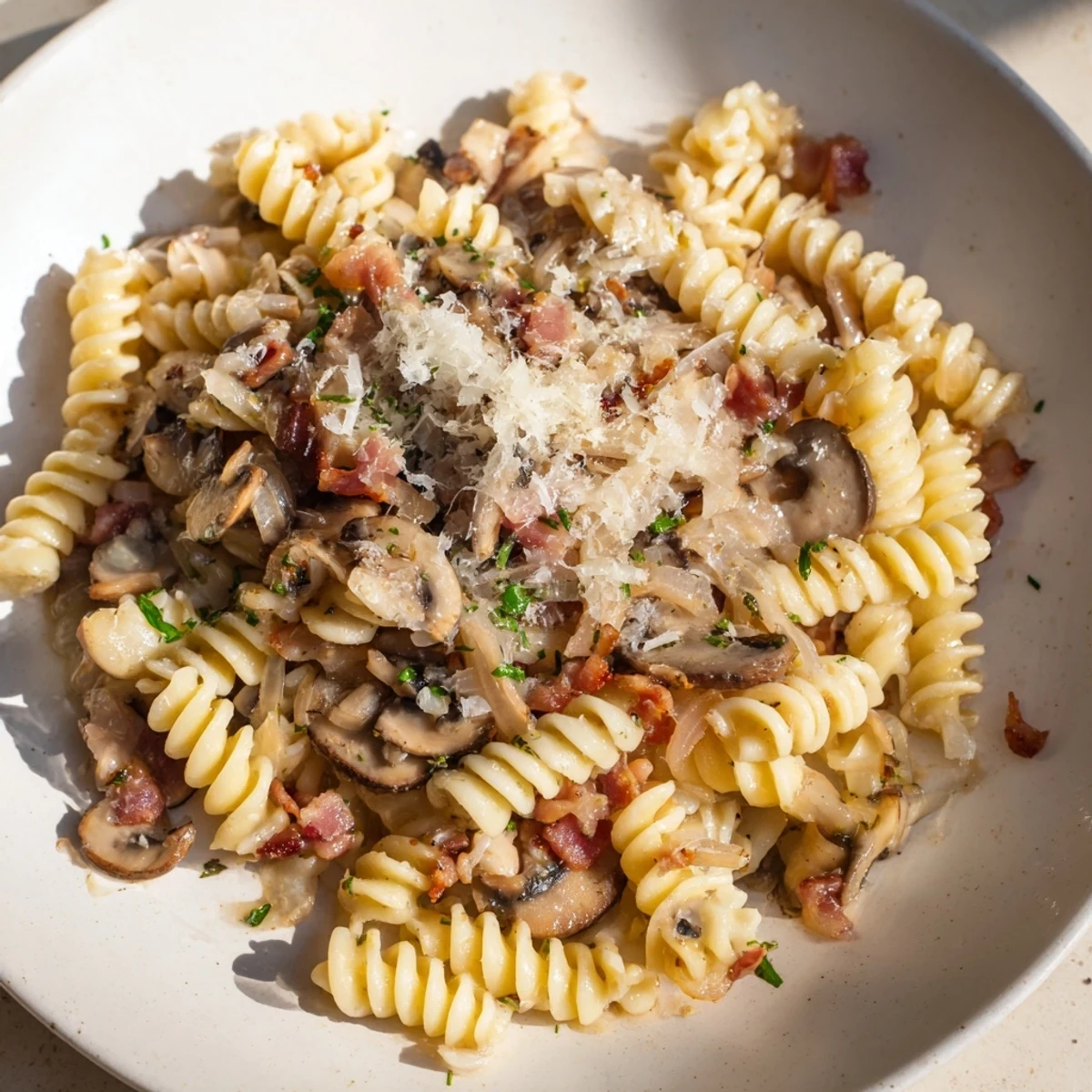 Fusilli with bacon, onions, and mushrooms: a steaming plate of savory pasta ready to enjoy.