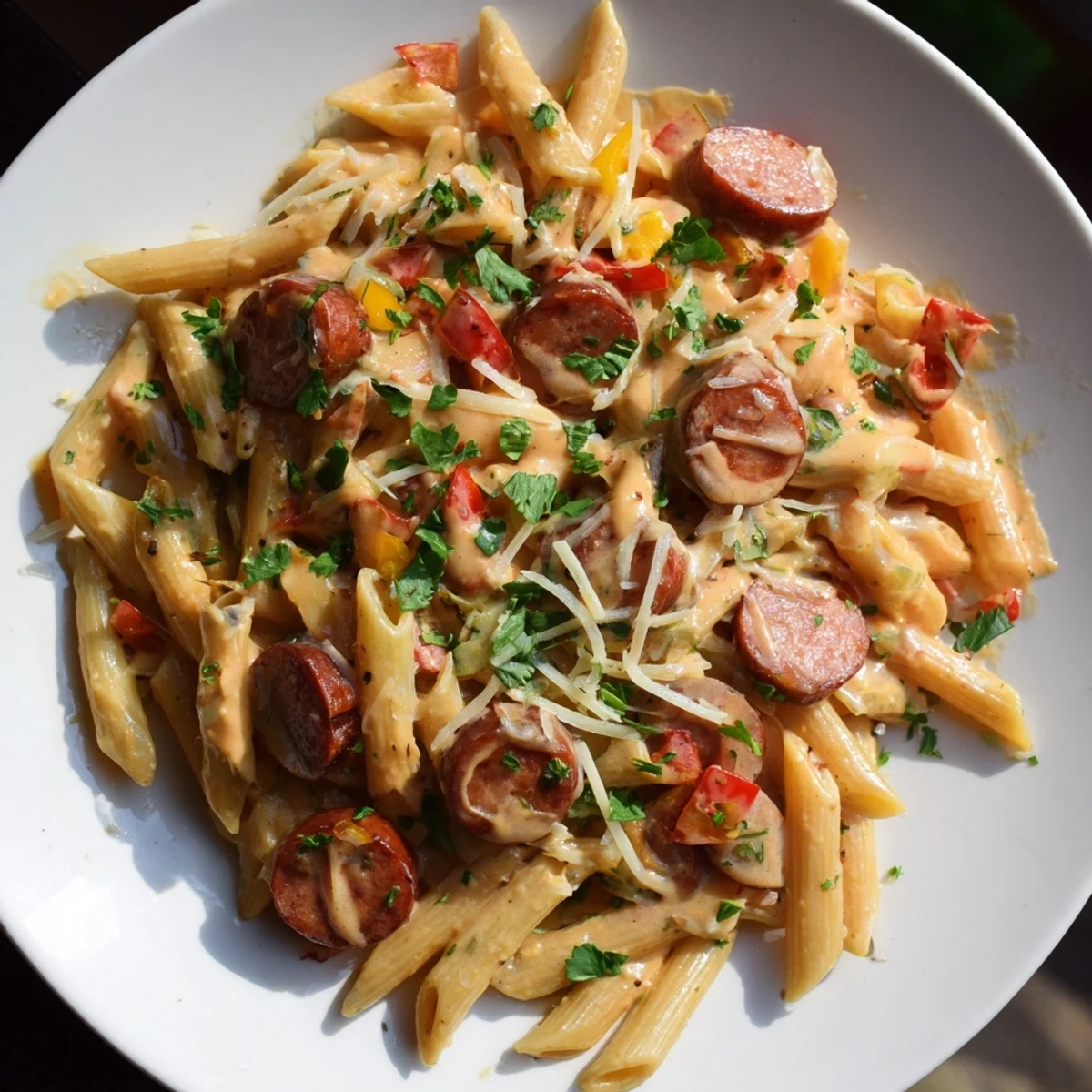 The finished Cajun Spiced Smoked Sausage Alfredo, a one-pot meal, garnished with fresh parsley and cheese.