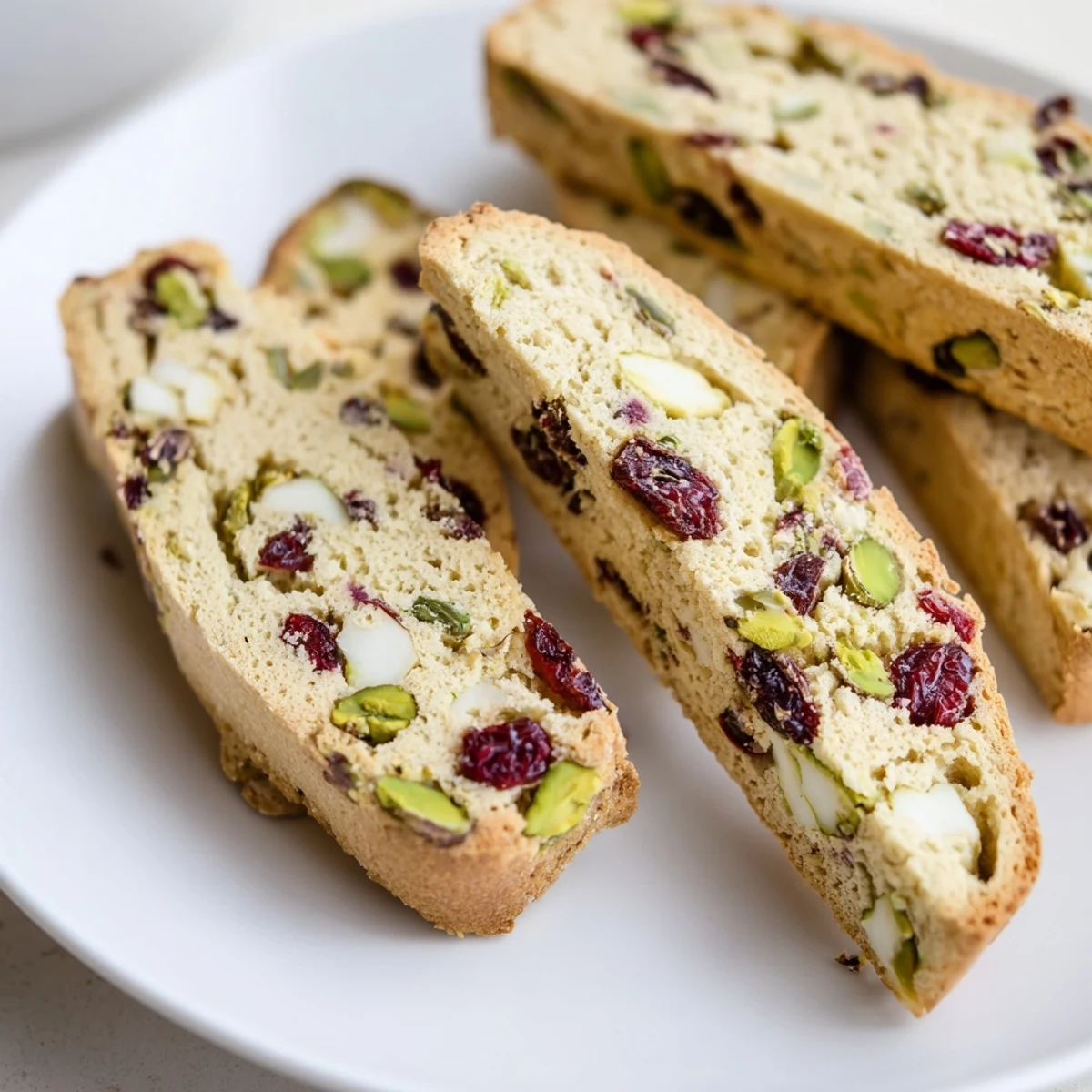 Golden-brown White Chocolate Cranberry Pistachio Biscotti ready to be dunked into a warm cup of coffee.