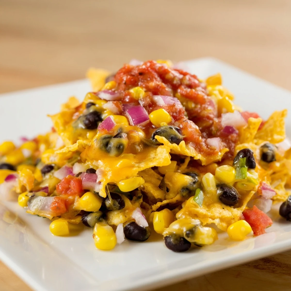 Quick Black Bean and Corn Tortilla Casserole bubbling hot from the oven, with melted cheese and salsa.