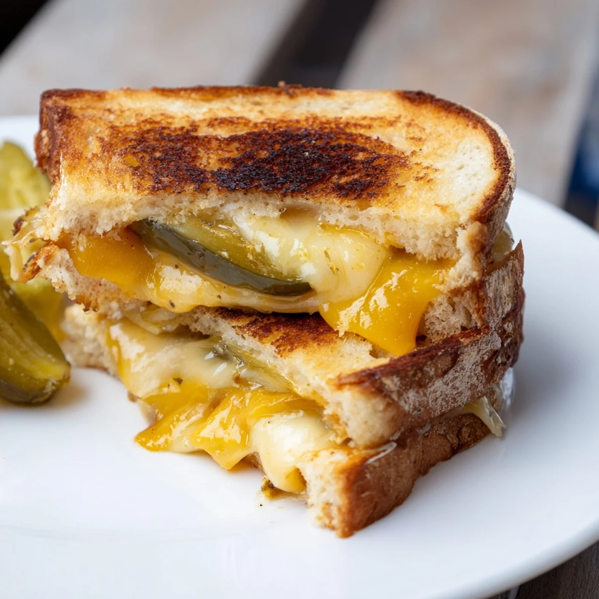 Image of a golden-brown, Gooey Pickle Grilled Cheese Sandwich, overflowing with melted cheese and pickles.