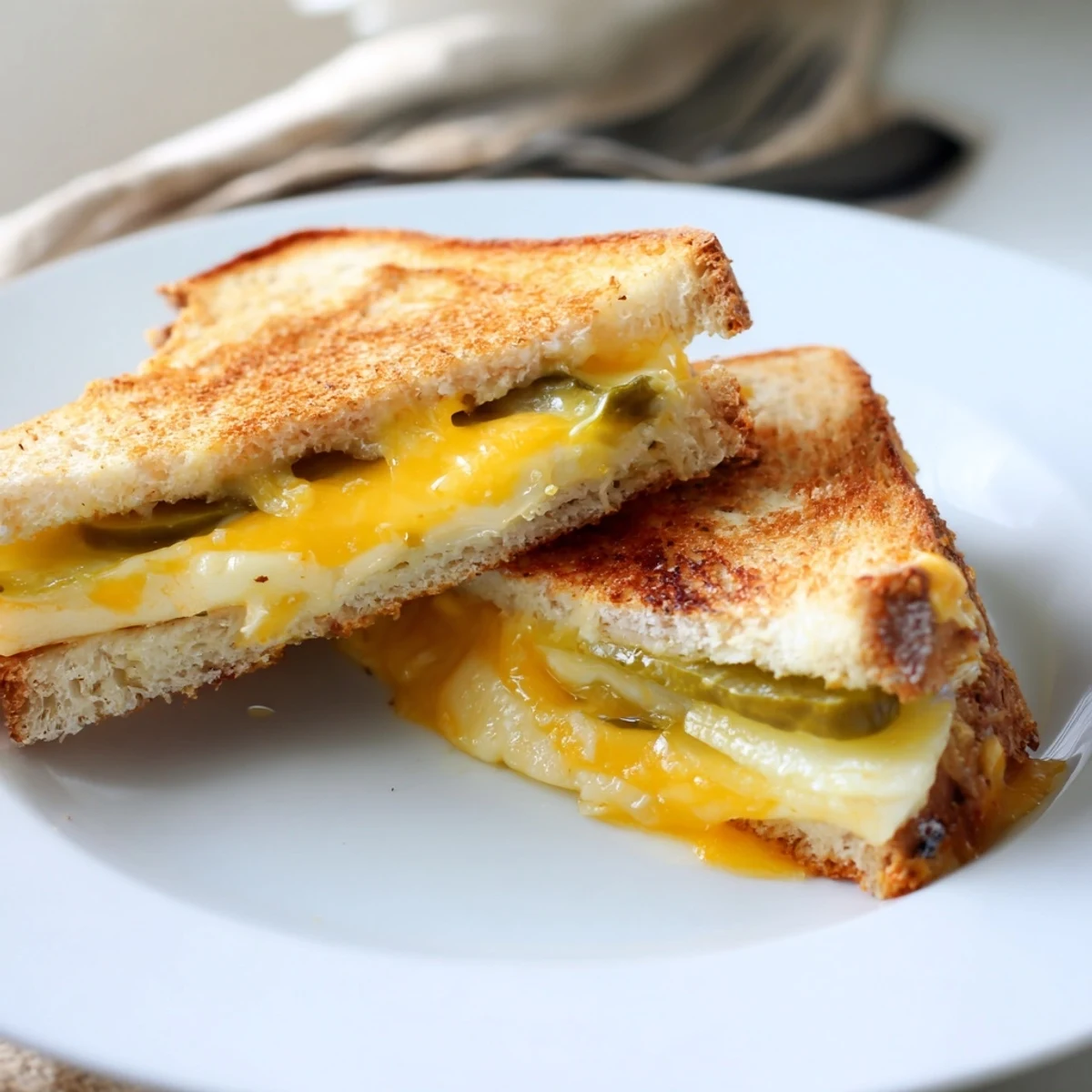 Warm, comforting plate showcasing a sliced Gooey Pickle Grilled Cheese Sandwich, ready to eat and enjoy.