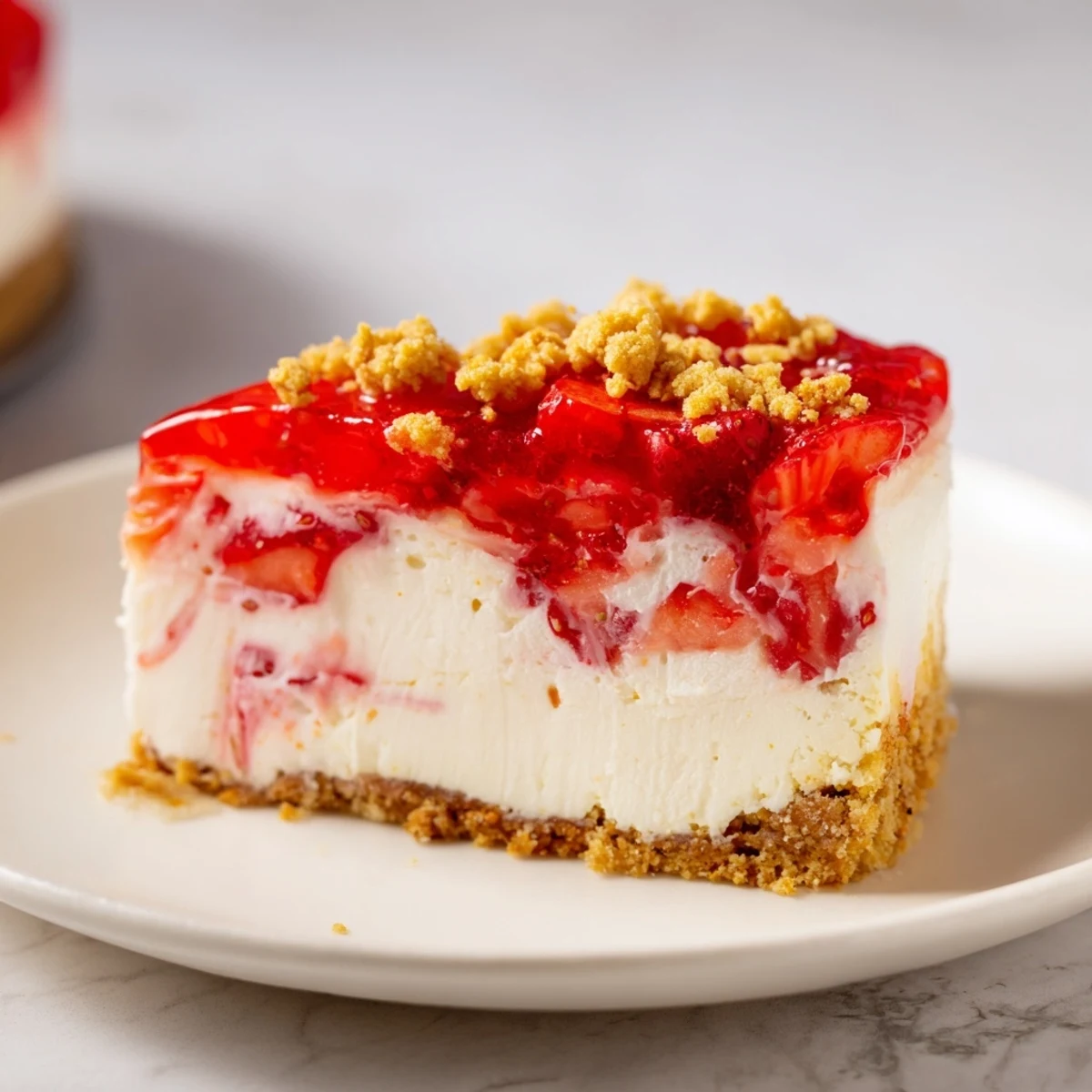 A slice of decadent strawberry shortcake cheesecake shows off layers of creamy goodness and crumble.