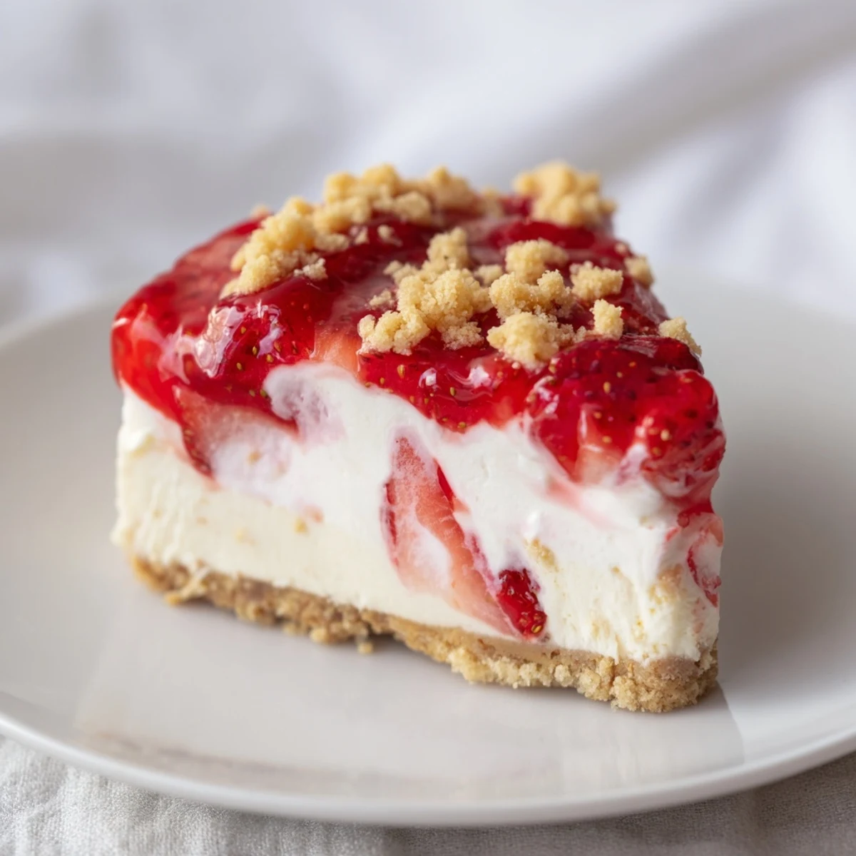 This tempting photo displays a layered strawberry shortcake cheesecake, perfect for a celebratory dessert.
