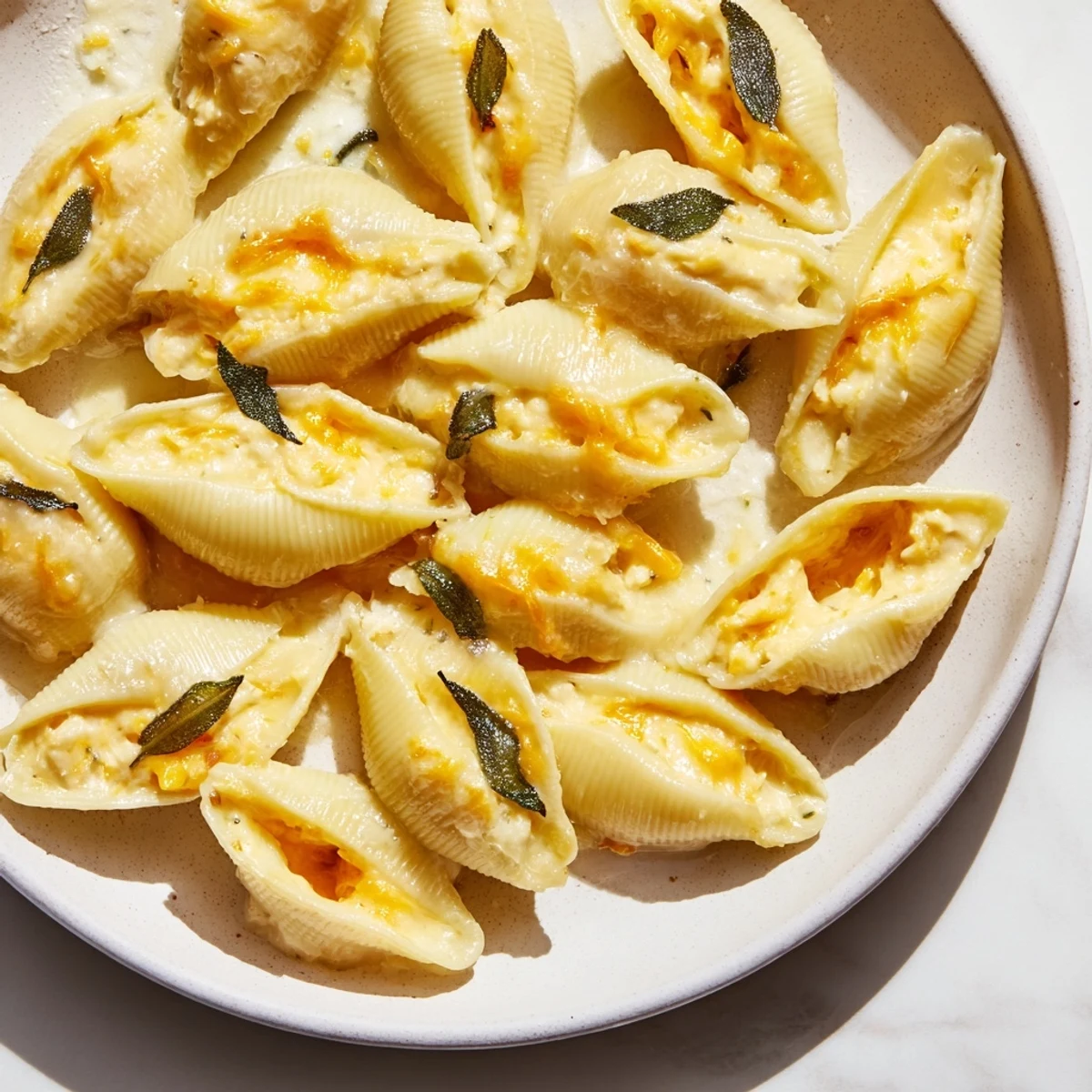 These savory Pumpkin & Gouda Stuffed Shells feature a creamy filling, baked to perfection with sage Alfredo.