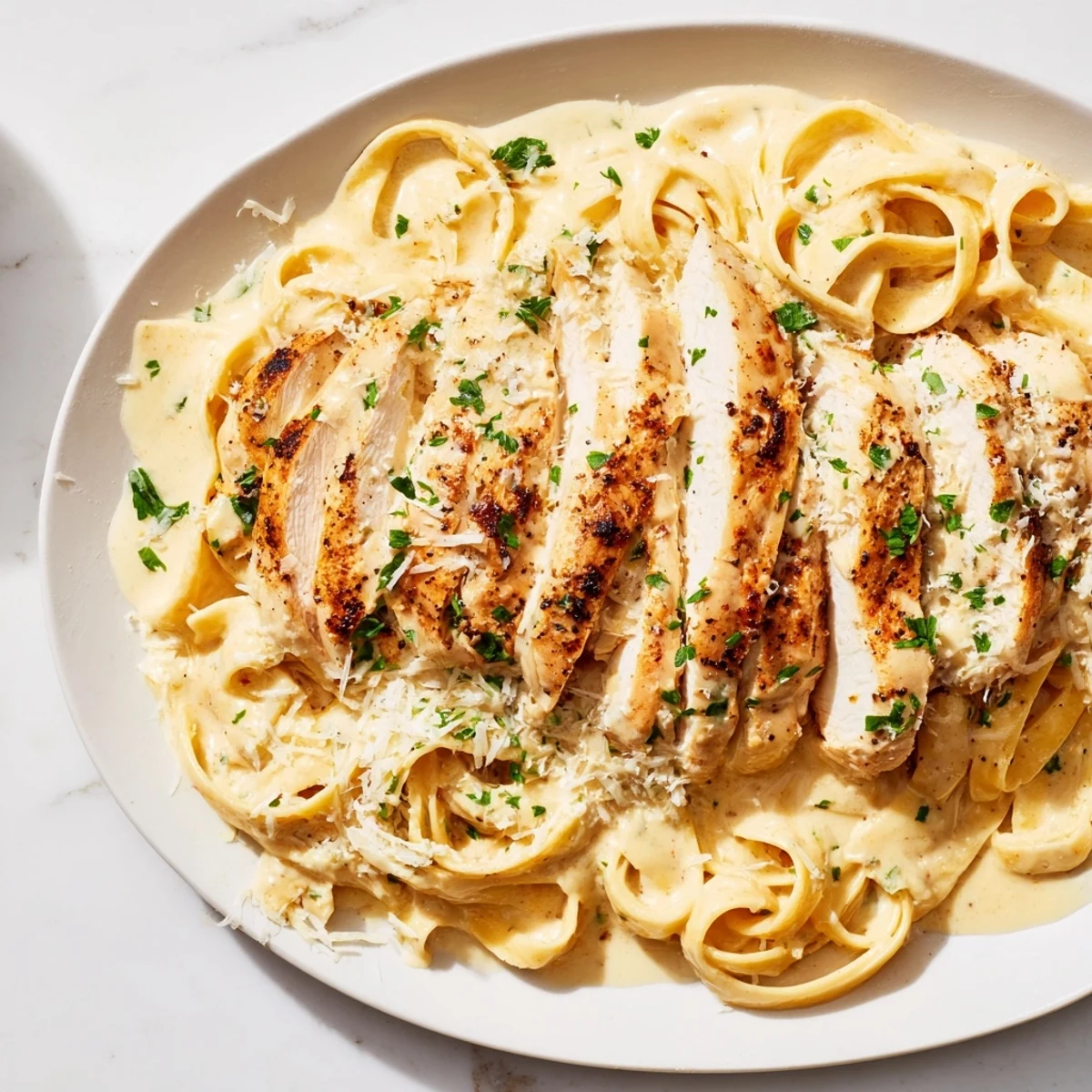 Tender Cajun chicken nestled atop creamy Cajun Chicken Alfredo Fettuccine, ready to be enjoyed.