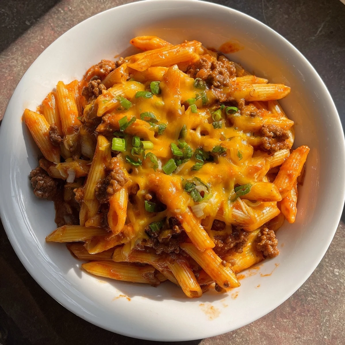 Easy Beef Enchilada Pasta, a one-pot meal, featuring melted cheddar and savory ground beef.