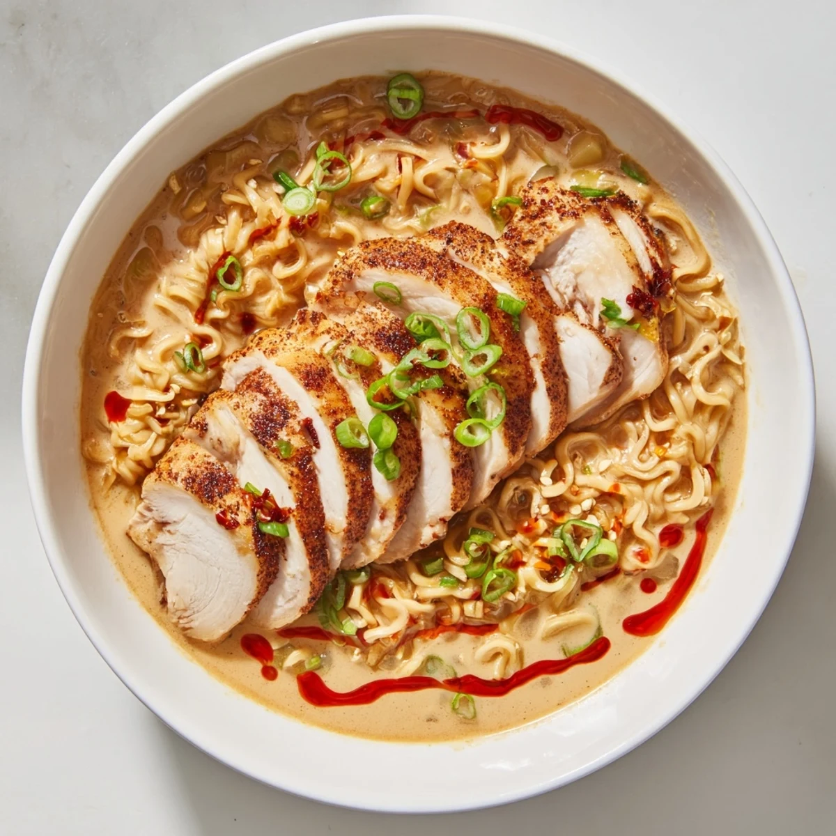 A steaming bowl of Fiery Chicken Ramen showcasing perfectly cooked noodles, chicken, and a swirl of creamy garlic sauce.