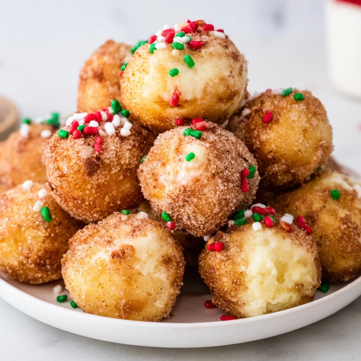Warm, freshly air fried Air Fryer Christmas Donut Holes, perfect for a cozy Christmas morning with cocoa.